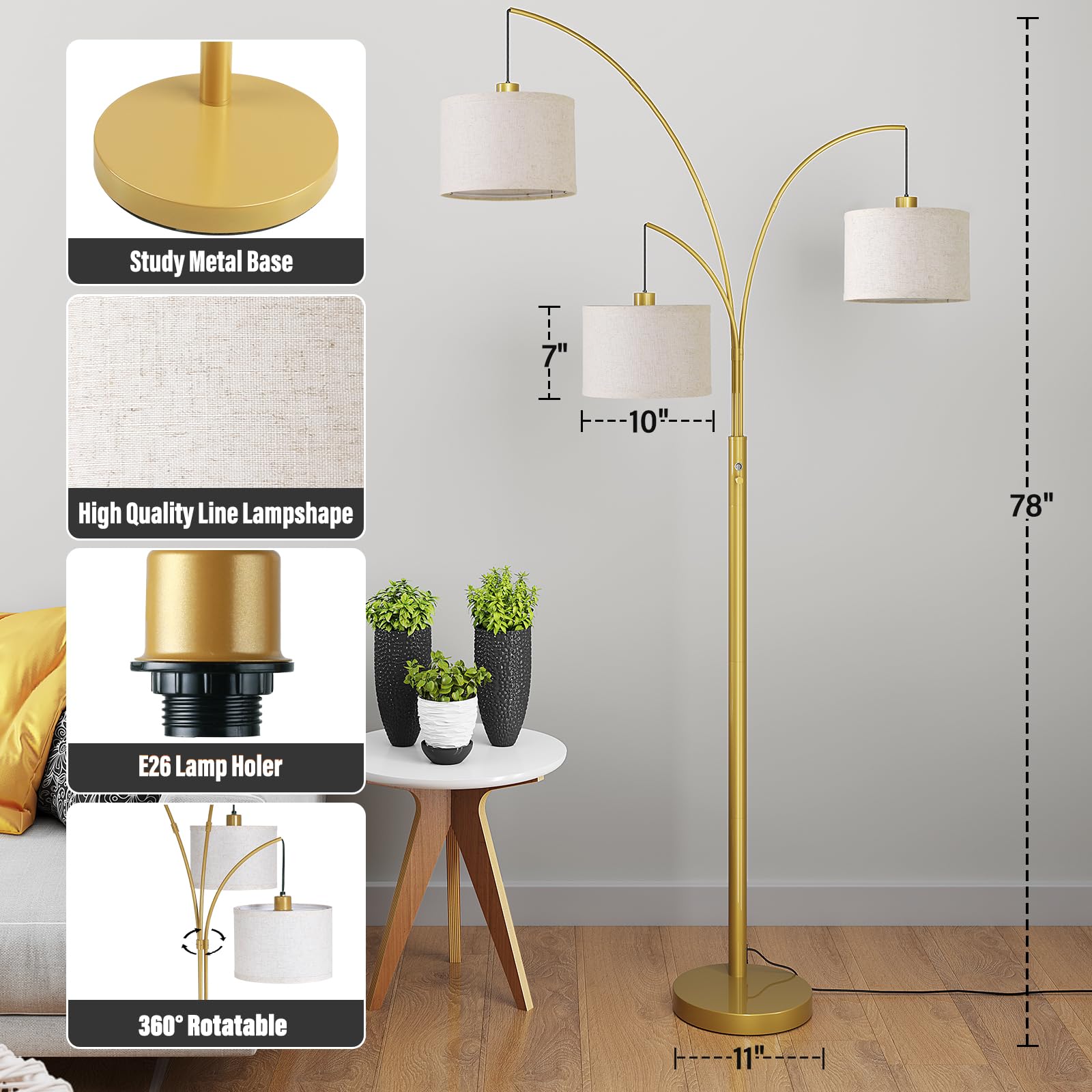 Sunmory 3 Lights Floor Lamp For Living Room, 78'' Tall Standing Lamp With Hanging Drum Shade, Modern Arc Floor Lamps With Heavy
