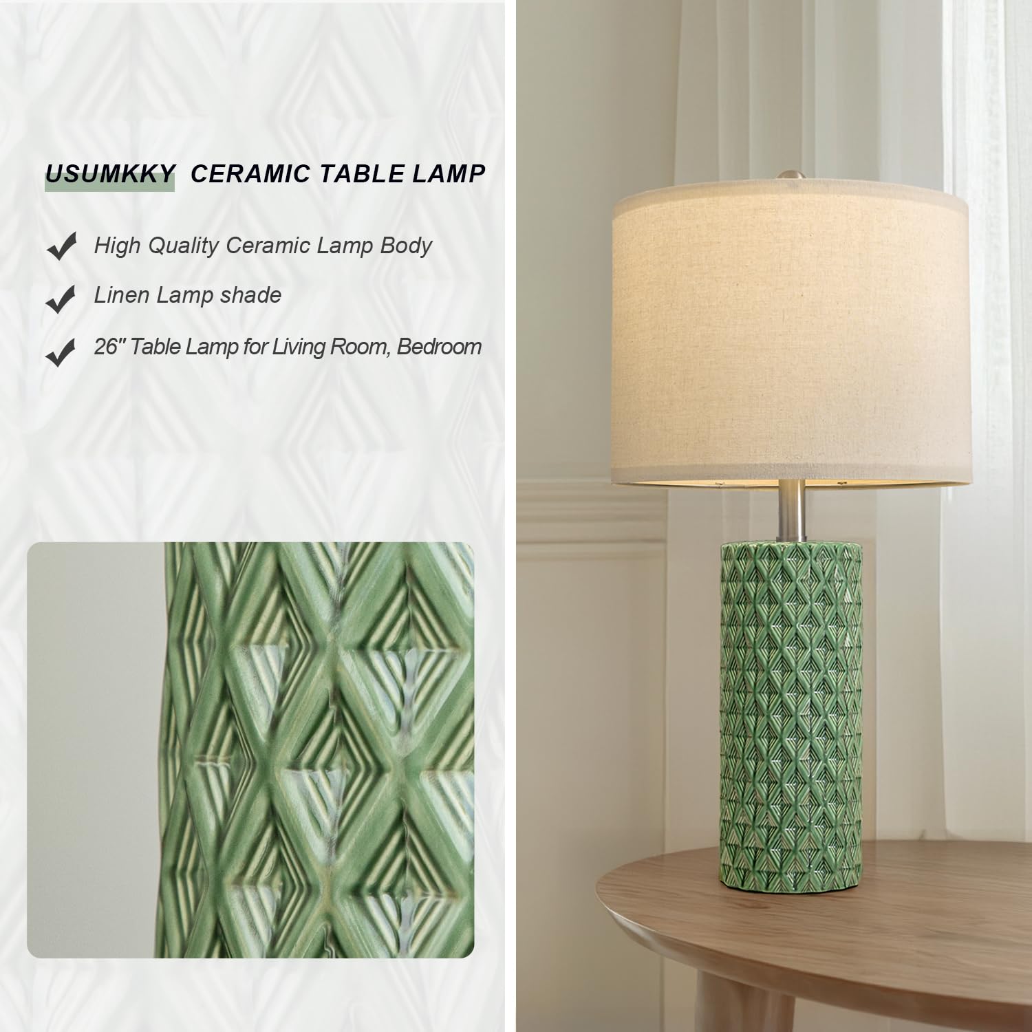 USumkky 26" Tall Ceramic Table Lamp Set of 2 - Modern Green Nightstand Lamps for Living Room, Bedroom, End Tables - Model AMZ-T1232