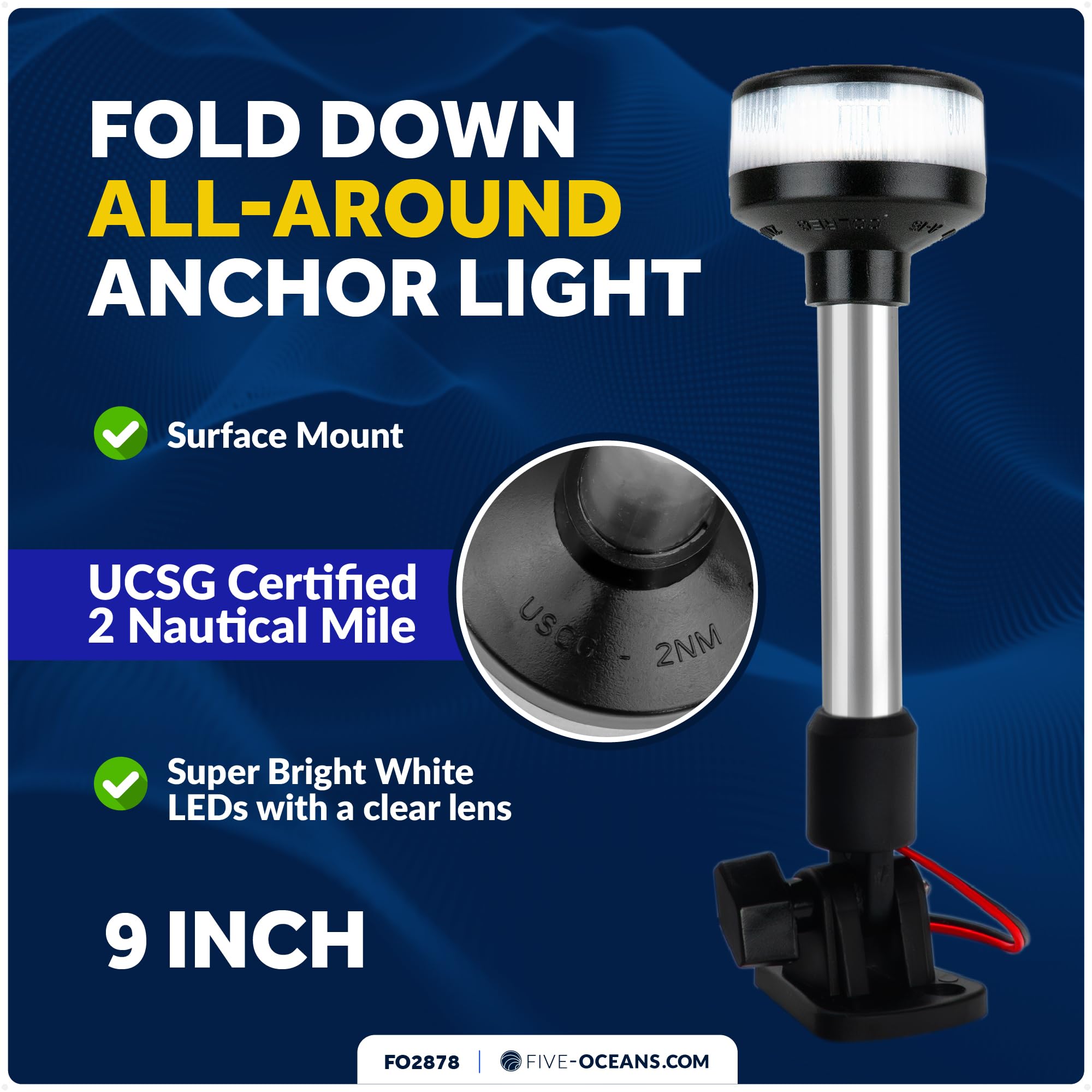 Five Oceans 9-Inch LED Anchor Light, USCG 2NM Certified, Fold-Down Design, High-Impact Aluminum, Model FO2878, Clear Lens