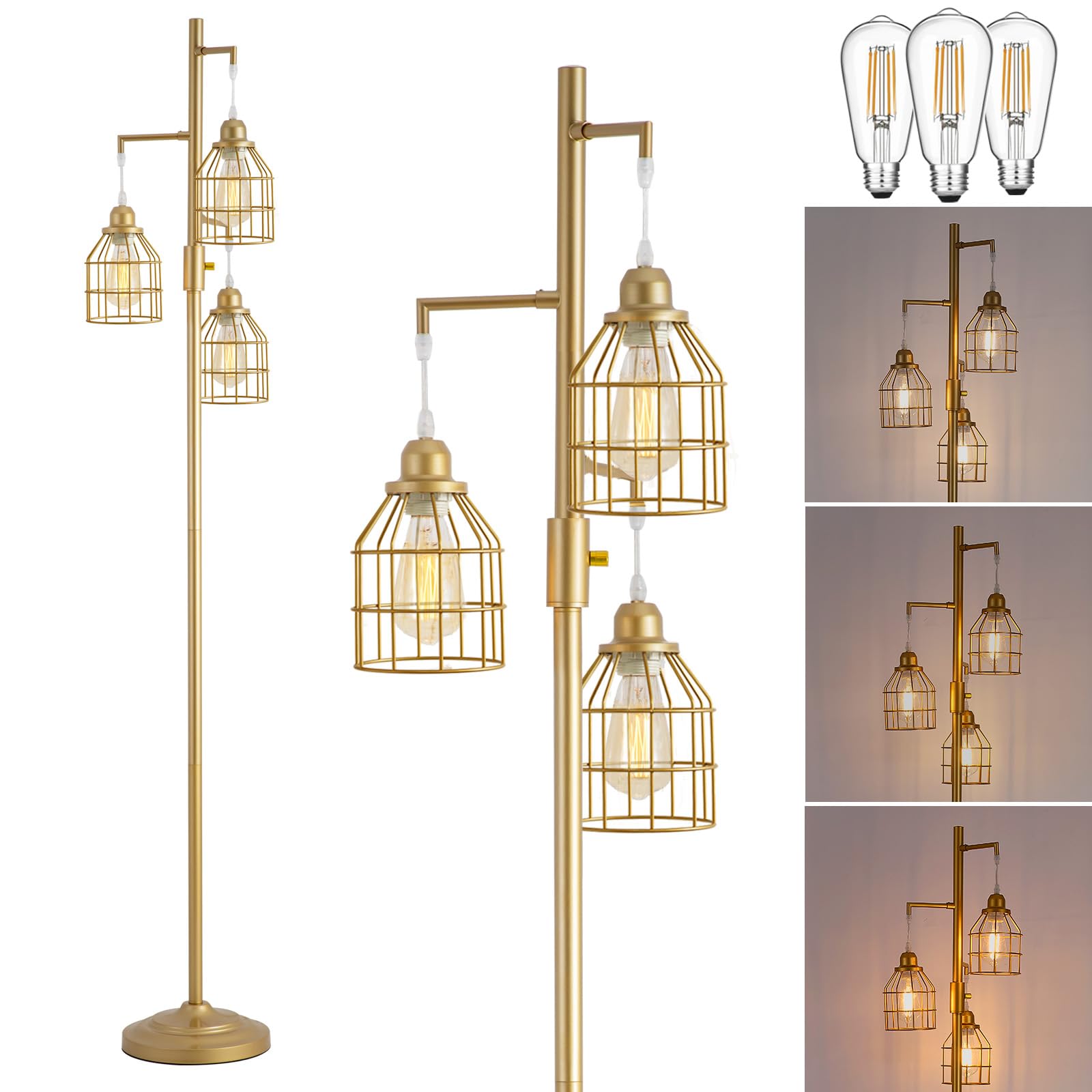 9MMML Golden Dimmable Floor Lamp,Industrial Gold Farmhouse Tall Standing Lamp for Living Room, Bedroom Office,3 Teardrop Cage La