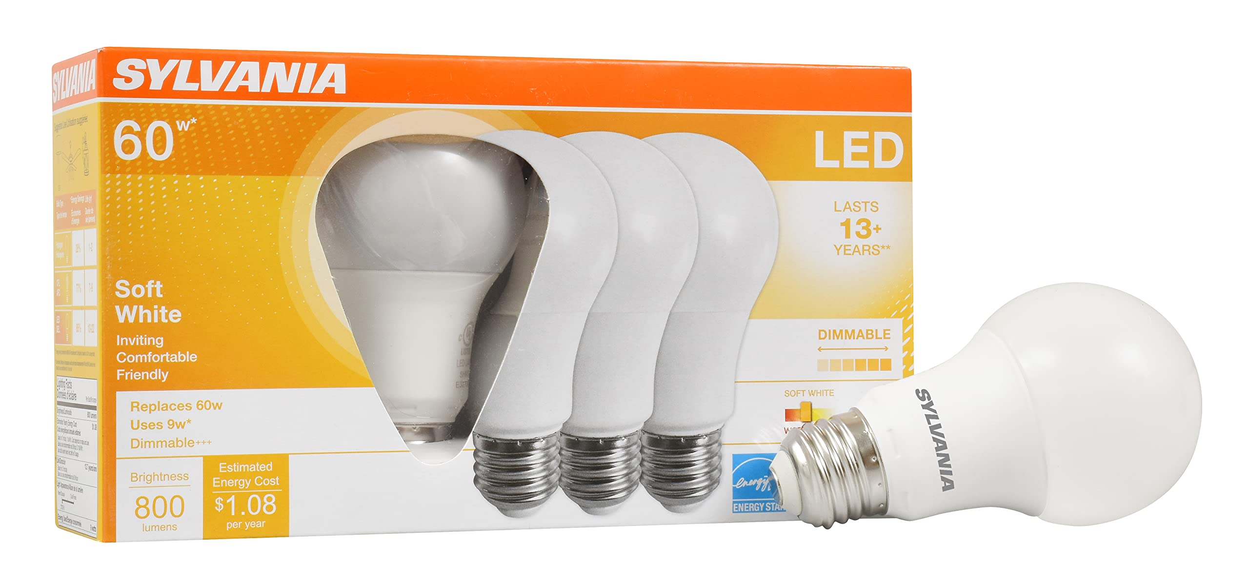 LEDVANCE SYLVANIA LED A19 Light Bulb 60W Equivalent Dimmable 9W Soft White 2700K 4 Pack
