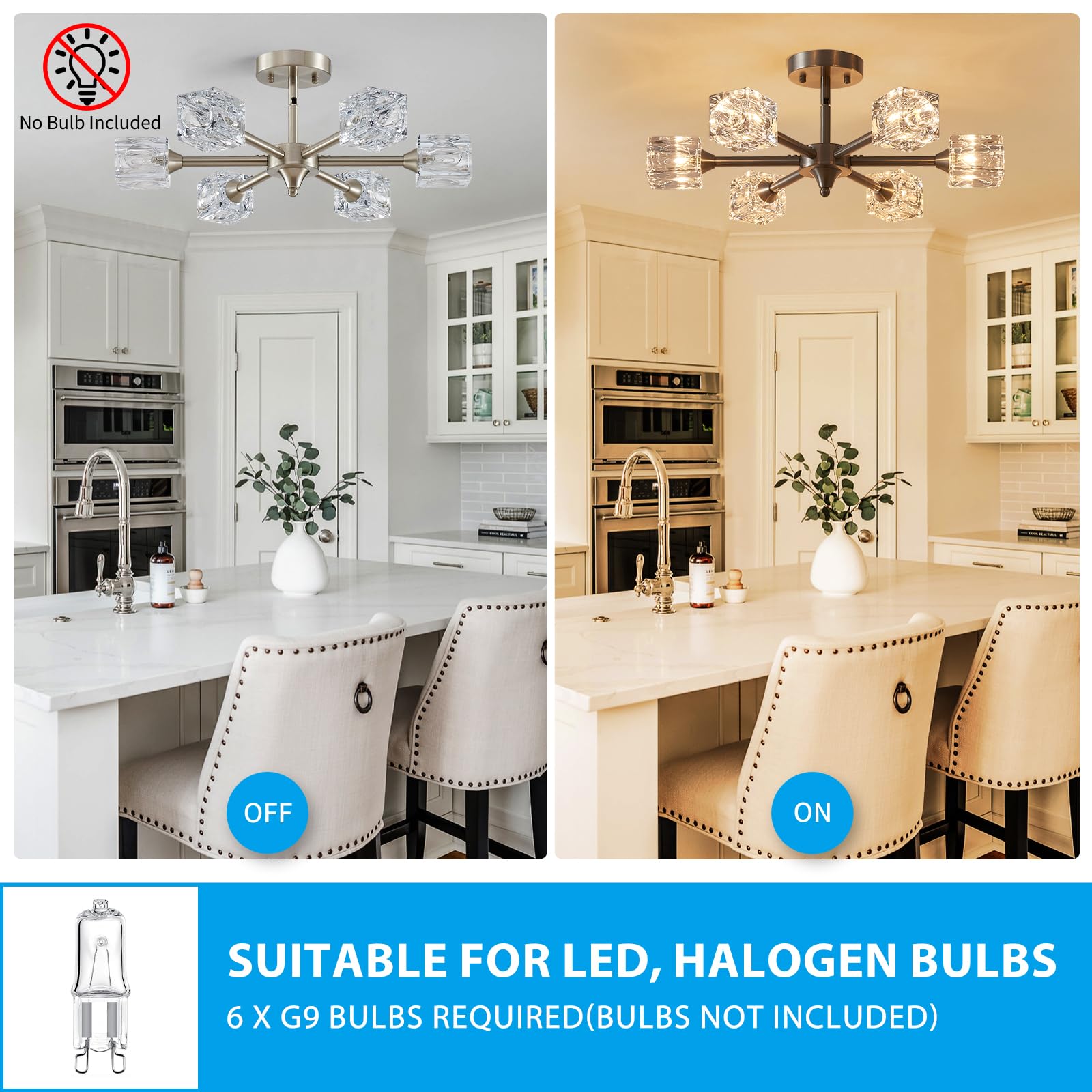 Xingqi Brushed Nickel Chandelier 6-Light 22'' Semi Flush Mount Ceiling Light Fixture Modern Round Sputnik Chandelier For Bedroom