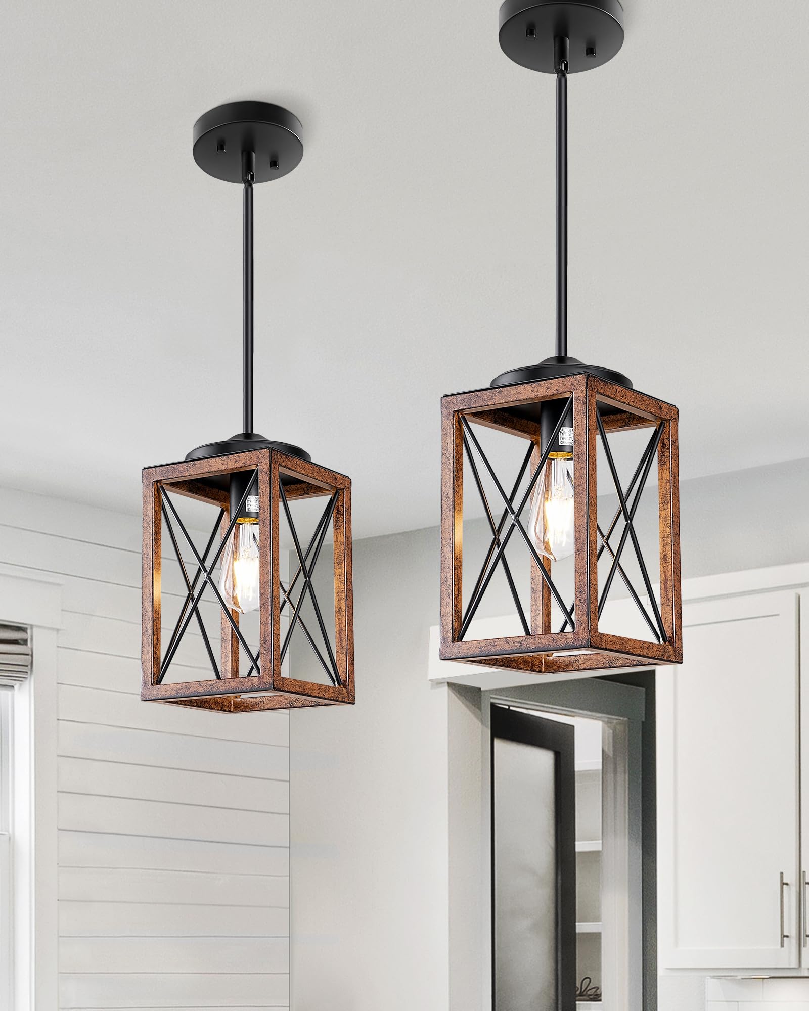 DEWENWILS 2 Pack Farmhouse Pendant Light, Metal Hanging Light Fixture with Wooden Grain Finish, 48 Inch Adjustable Pipes for Flat and Slop Ceiling, Kitchen Island, Bedroom, Dining Hall, ETL Listed