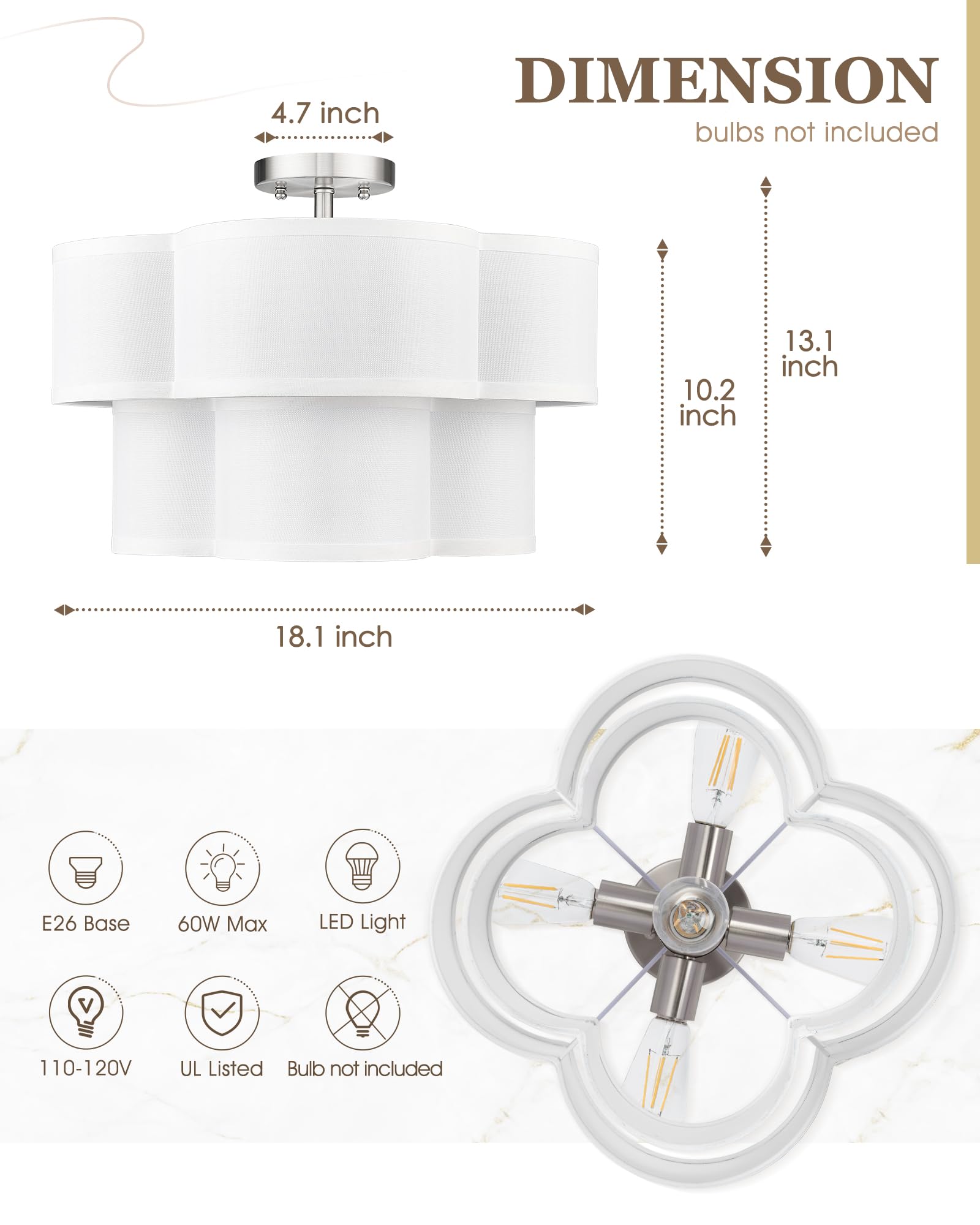 Audickic Semi Flush Mount Ceiling Lights, 5-Light 18'' Ceiling Light Fixtures With Double Fabric Drum Shade In Quatrefoil Shape,