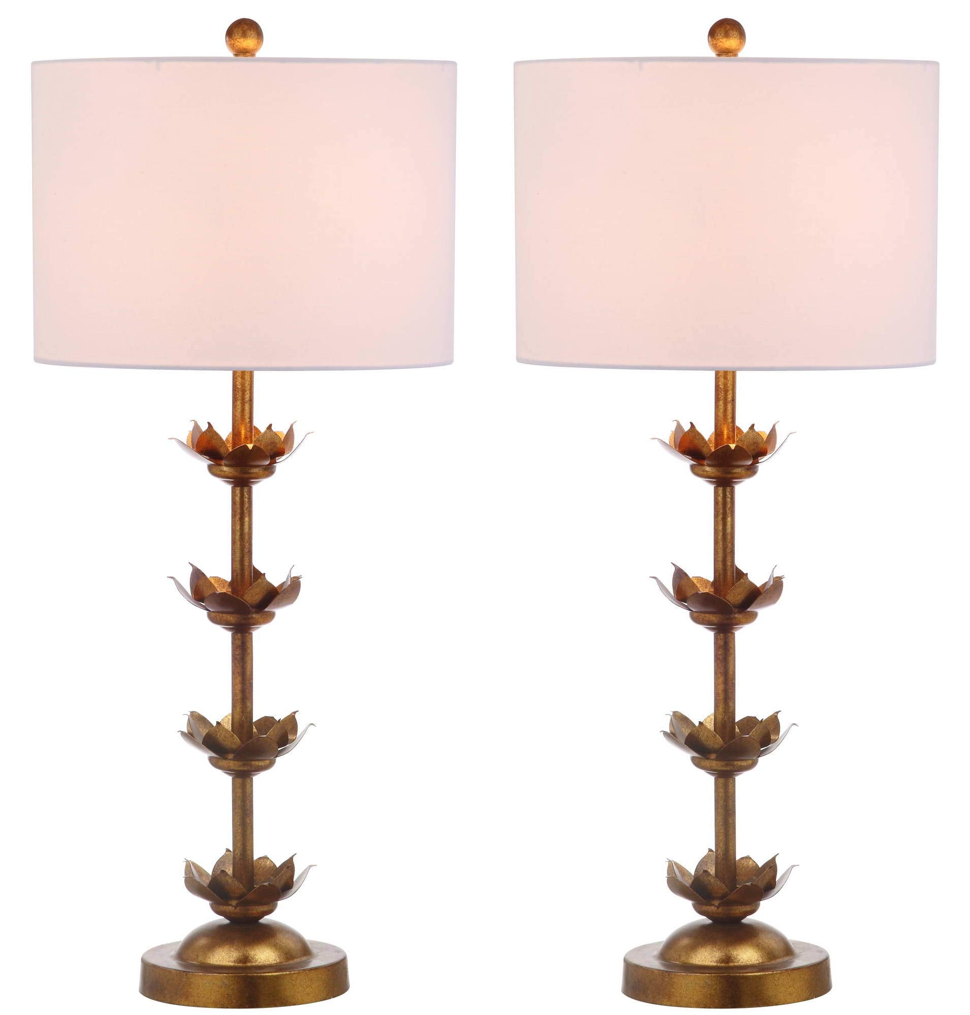 SAFAVIEH Lighting Collection - Set of 2 Lani Antique Gold Leaf 32-Inch Table Lamps with USB Ports, White Drum Shade, LED Bulbs I