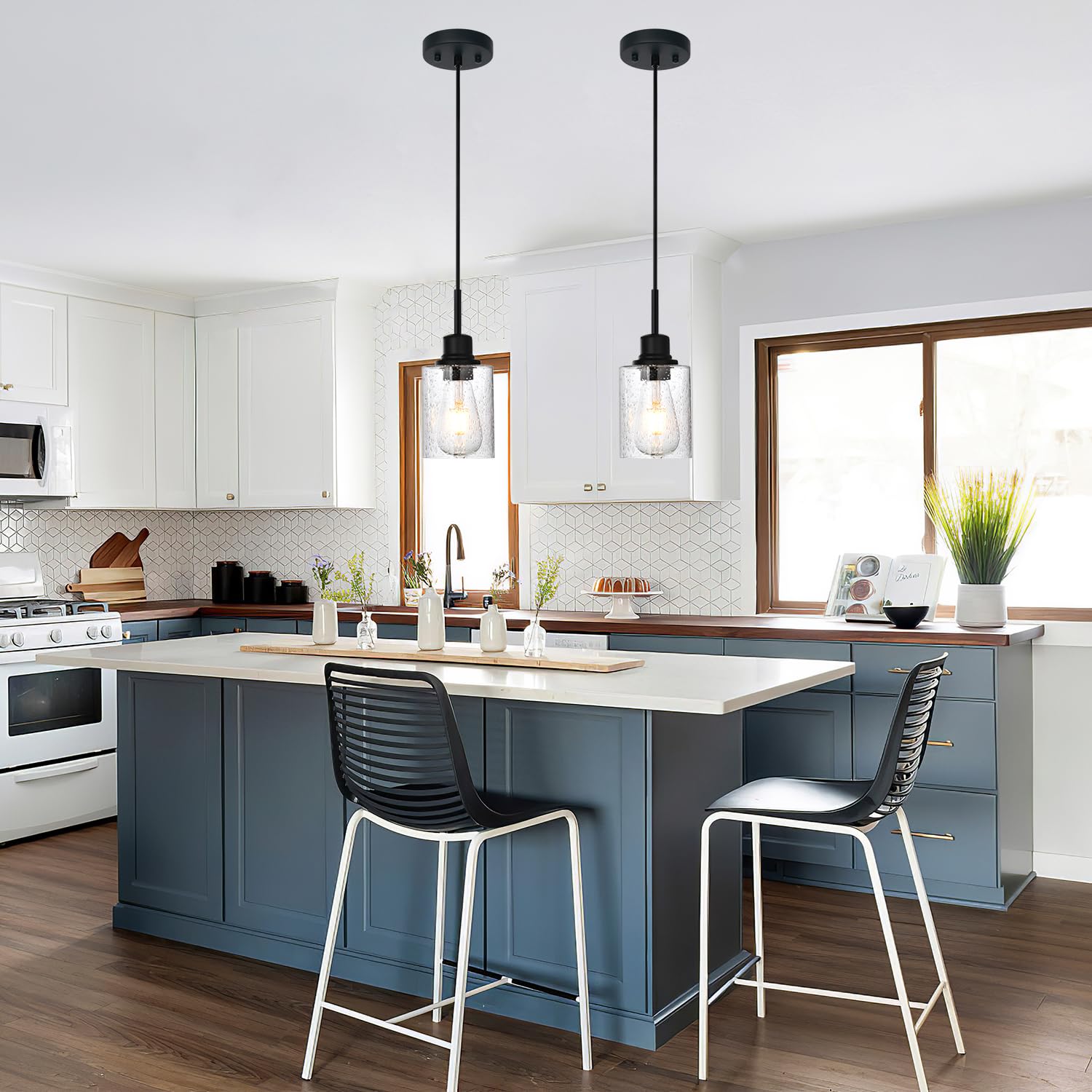 Pendrion Modern 3-Light Pendant Island Light Fixture Black Ceiling Hanging Lights With Clear Seeded Glass And Adjustable Cord,In