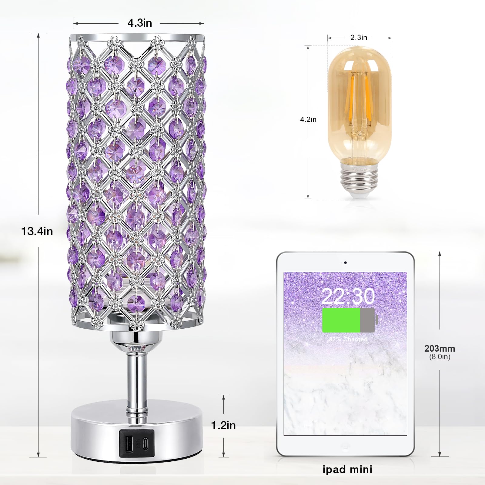 Hong-In Purple Lamp For Girls Room-Crystal Touch Lamp With Usb-C+A Ports,3 Way Dimmable Bedside Light With Crystal Shade For Bed