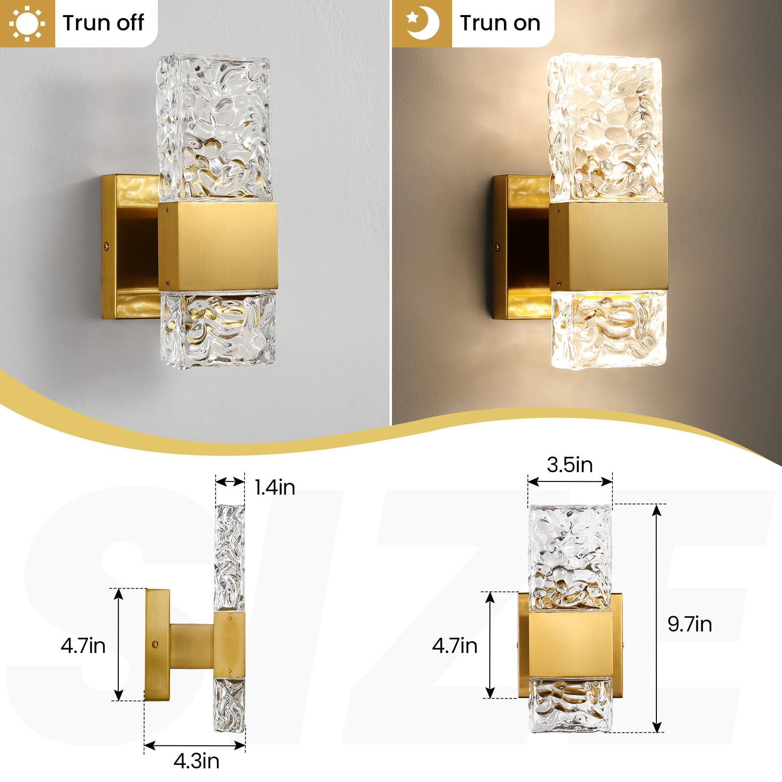 Epinl Gold Wall Sconces - Modern Crystal Lighting Fixtures, 1-Light, Hardwired, Dimmable LED, Set of 2, Model 8013WL-01GD-US-