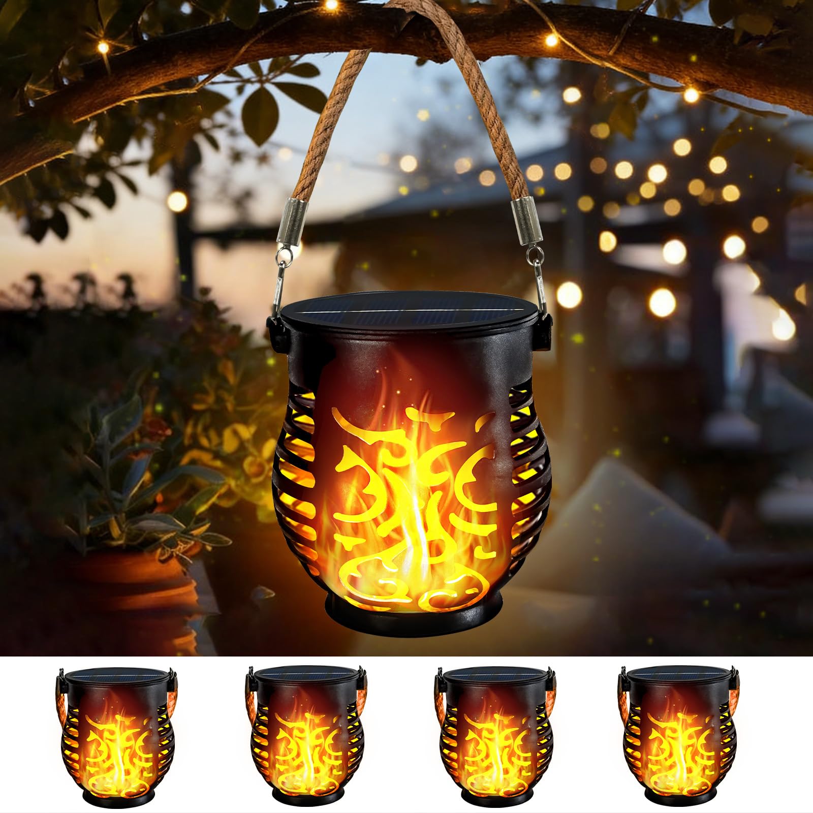 4 Pack Solar Lanterns Outdoor Waterproof, Solar Lantern with Realistic Flickering Flame, Auto On/Off Solar Powered Garden Light 