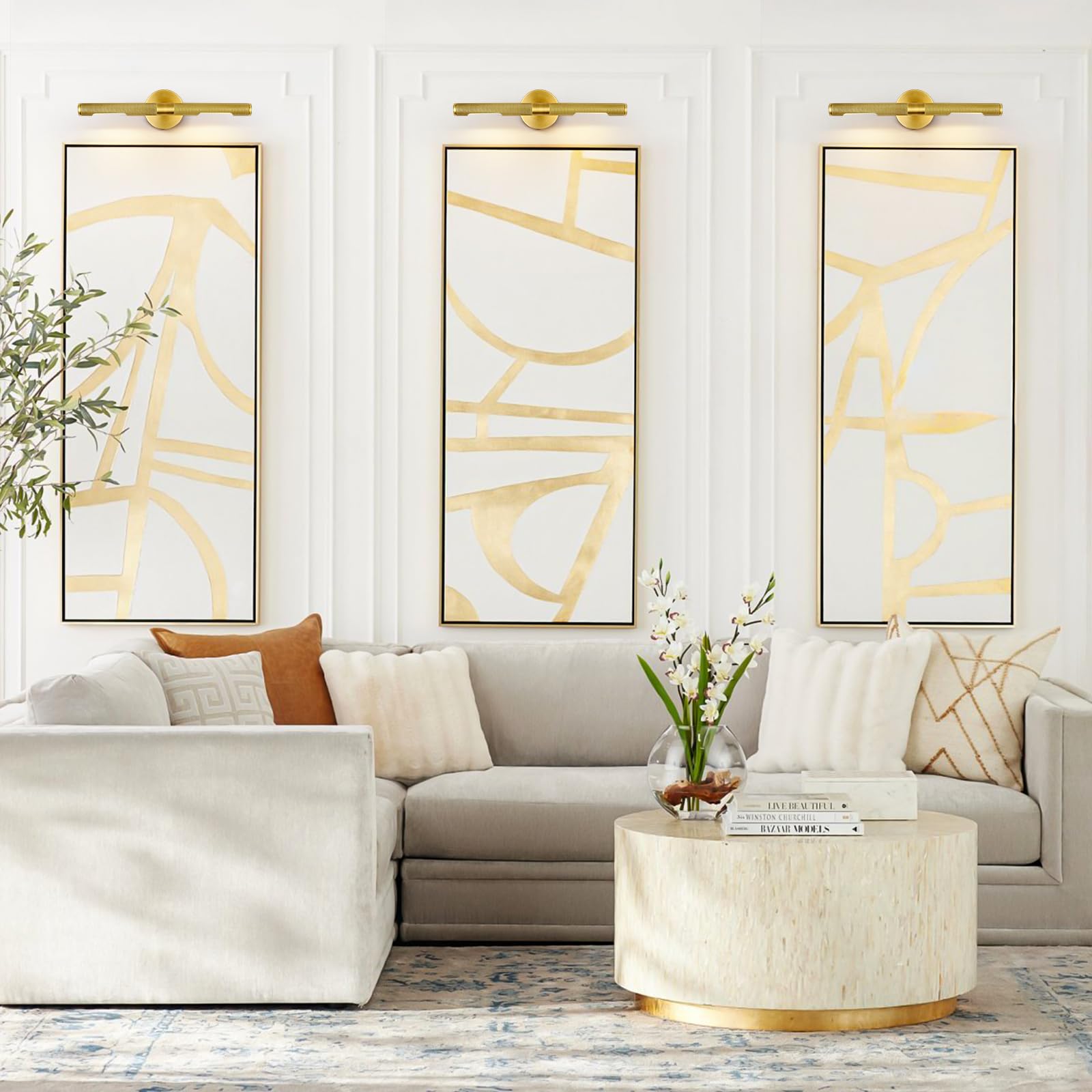 Hard-Wired Knurled Picture Light, 19In Brass Picture Light For Wall, Dimmable Brass Art Light, Rotatable 360 Picture Frame Light