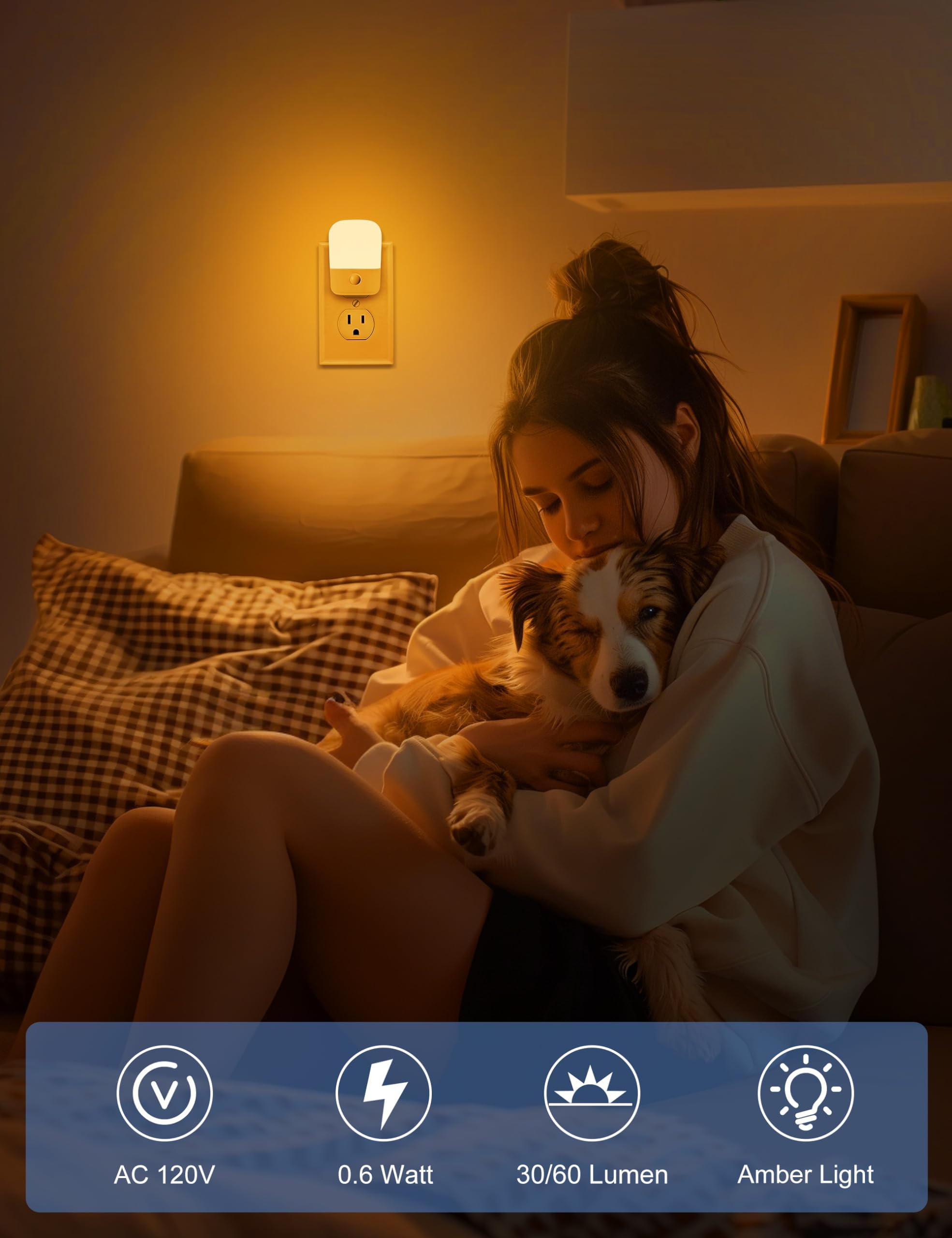 Generic Amber Night Lights, 2-Pack LED Wall Plug, Dusk to Dawn Sensor, Brightness Adjustable, Ideal for Nursery, Kids Room, Bathroom