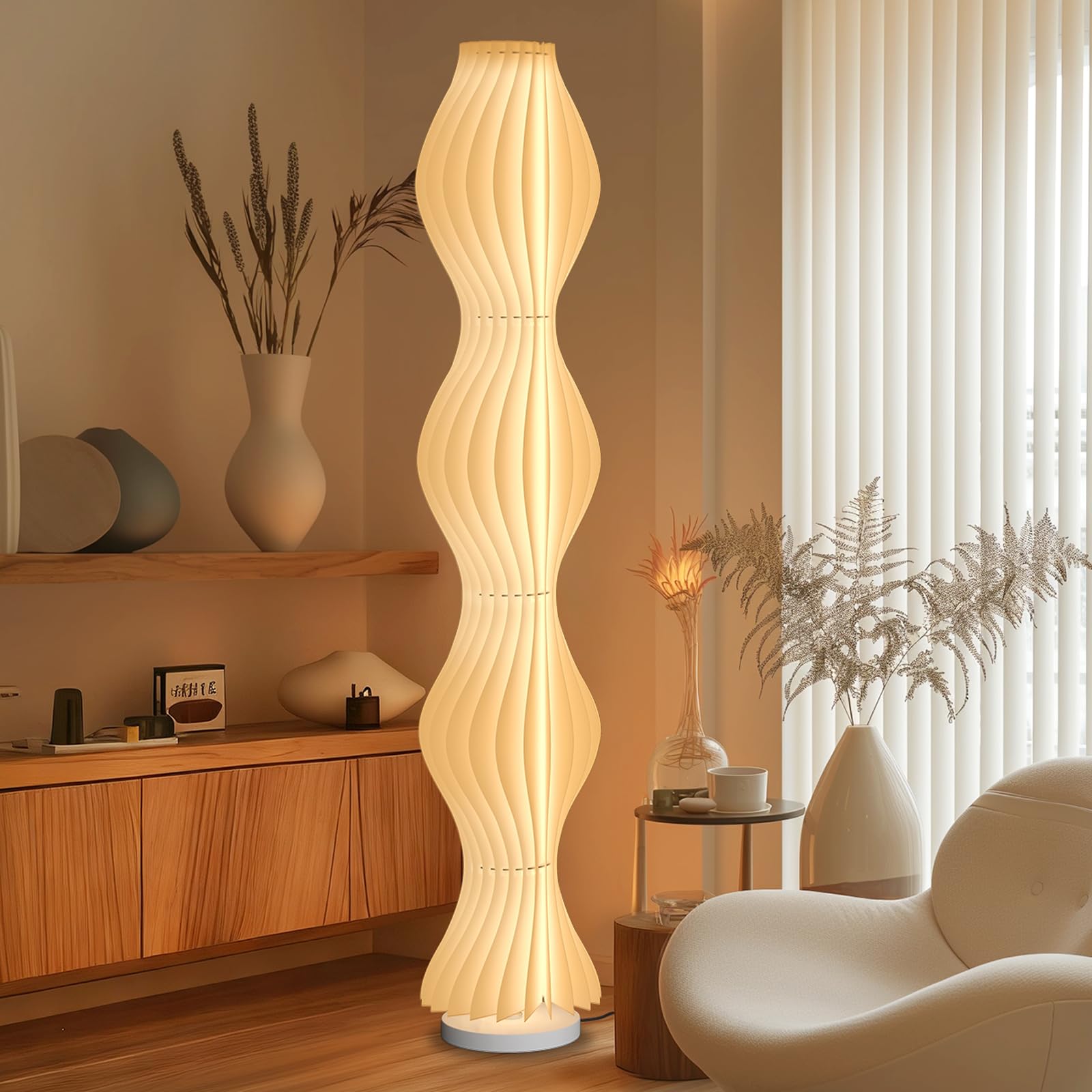 TACAHE Wave Skirt Floor Lamp - 3 Color Temp & Dimmable - Column Standing Floor Lamp with Foot Switch & Remote - 21 Sheets Lampsh