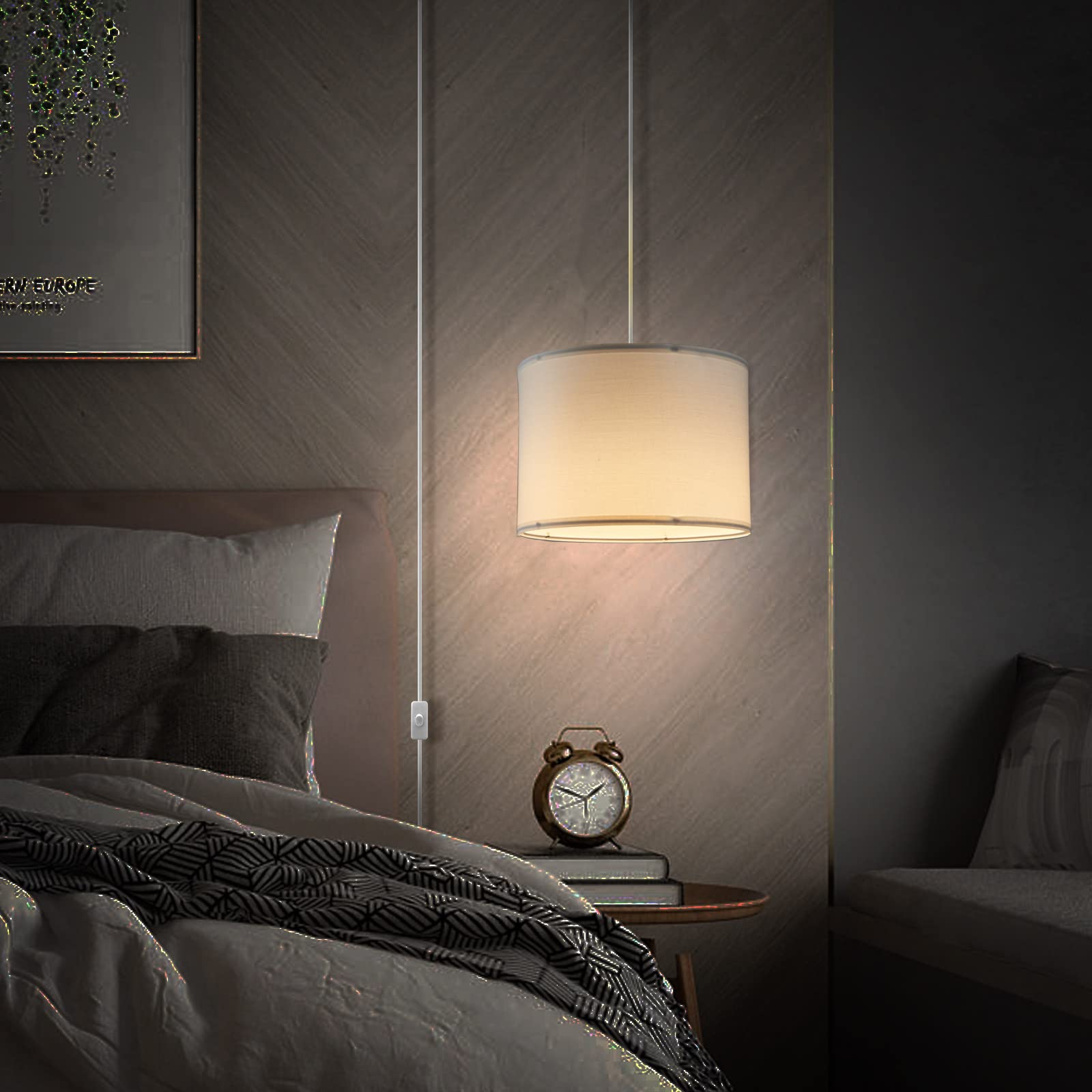 Kuaugst Plug In Pendant Light, 15 Ft Hanging Lamp With Plug In Cord, On/Off Switch, Pendant Lighting With Fabric Shade, Hanging