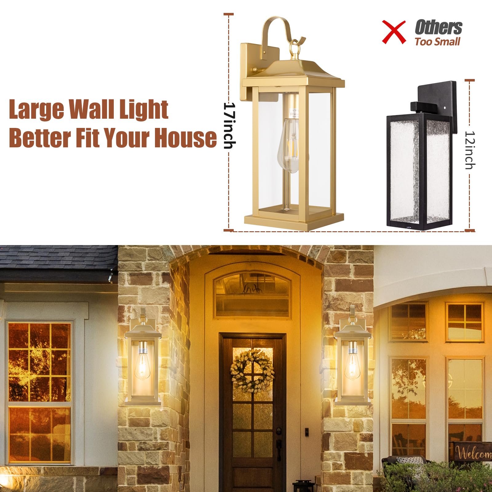 Roravilila 17 Inch Large Gold Outdoor Sconces Wall Lighting 2-Pack, Exterior Light Fixtures Ip65 Waterproof Anti-Rust, Brass Por