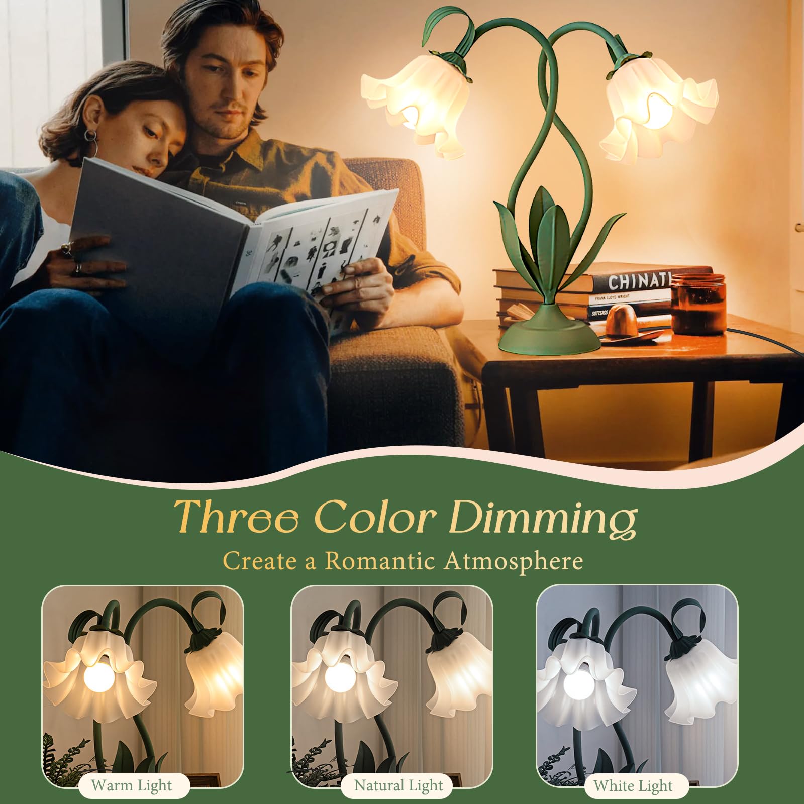 Cute Flower Table Lamp  Large Vintage Bedside Flower Lamp  3 Colors Temperature Flower Lamp For Bedroom Living Room Bedside Reading Lighting Table Desk Lamps Home Decoration (Green)