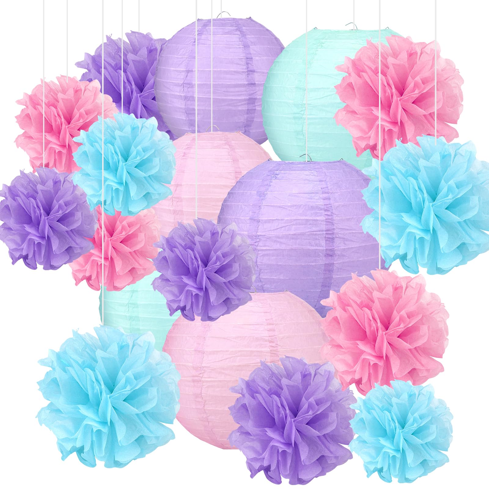 18pcs Blue Paper Lanterns Decoration Purple Blue White Hanging D?cor Pom Poms Paper Flower Party Supply for Baby Shower Wedding Valentine Birthday Party