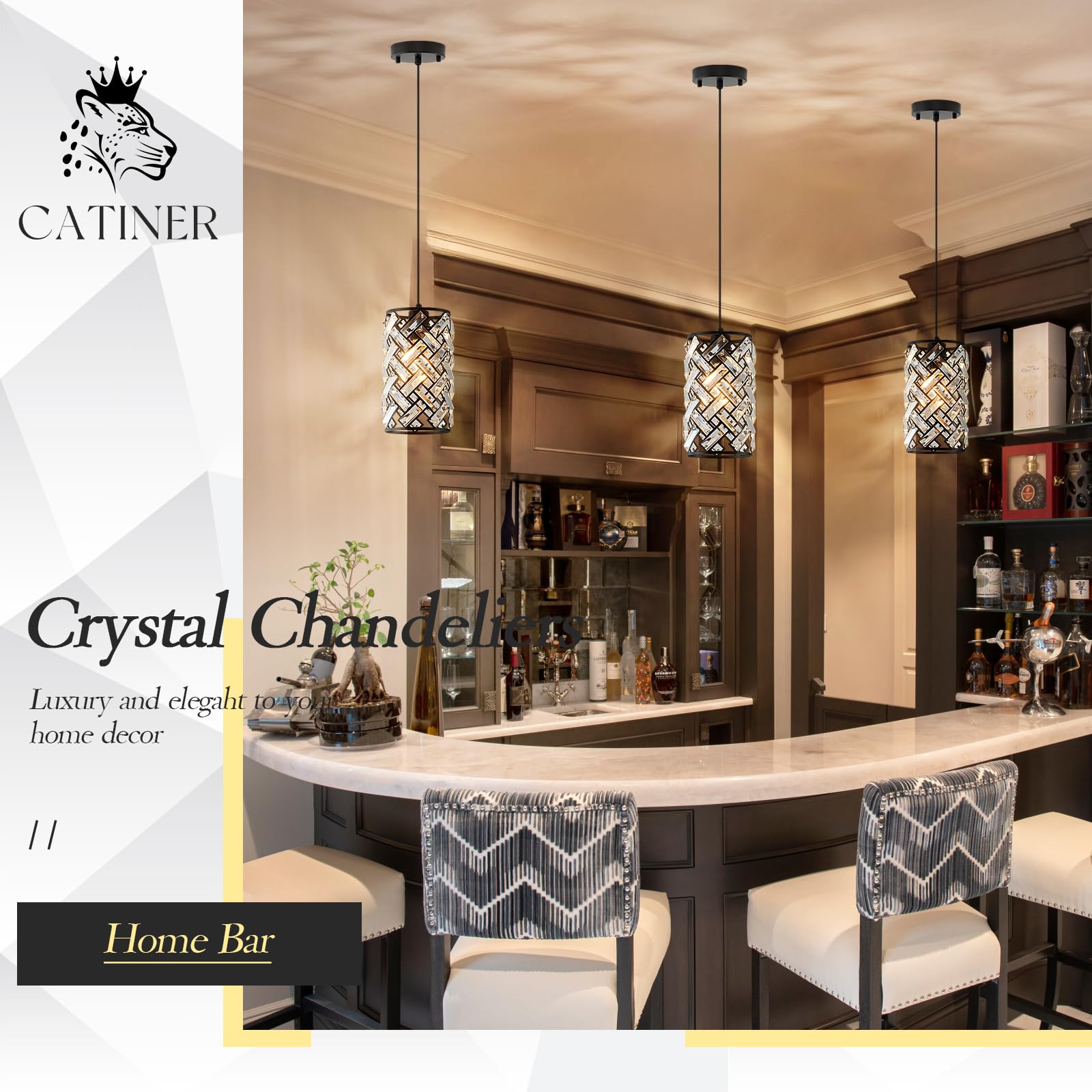 Catiner Modern Black Crystal Pendant Light Fixture - Mini Chandelier For Kitchen Island, Dining Room, Living Room, Hallway, Porc