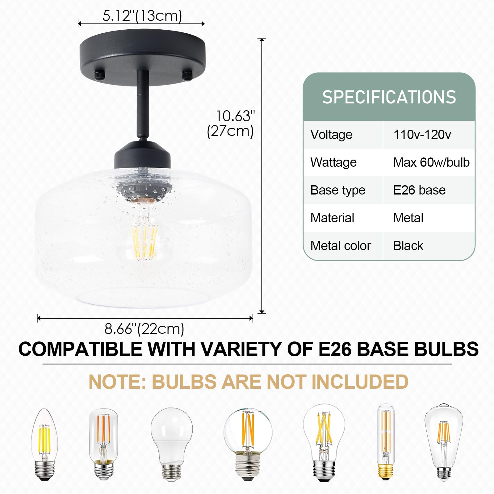 Tehenoo Sloped Ceiling Light With Clear Seeded Glass Shade, Adjustable For Kitchen,Hallway,Living Room