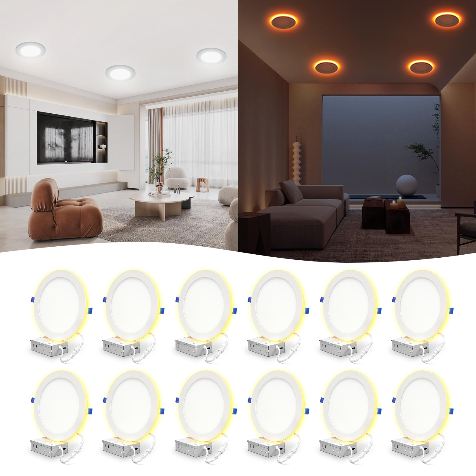 Comiled 12 Pack 8 Inch 5CCT LED Recessed Ceiling Light with Night Light, Dimmable Canless Wafer Downlight, 2700K/3000K/3500K/400