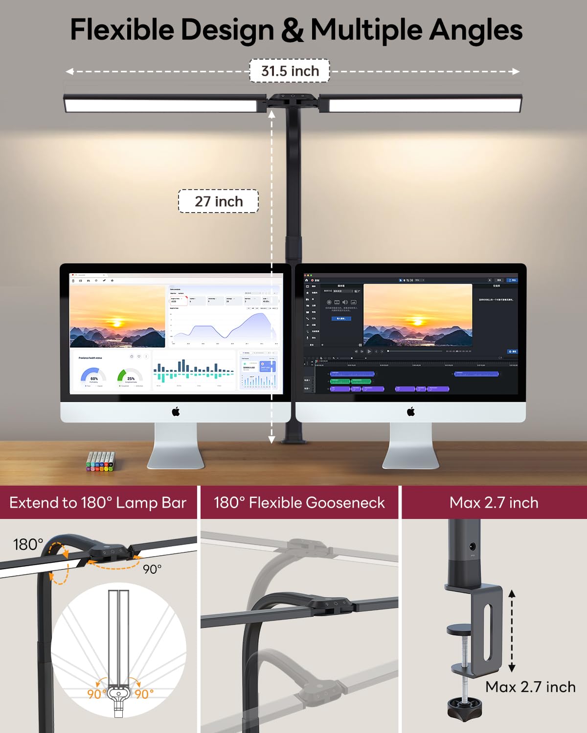 Led Desk Lamp For Home Office, Eye-Caring Desk Light With Clamp, Stepless Dimming 24W Double Head Architect Task Lamp With Remot