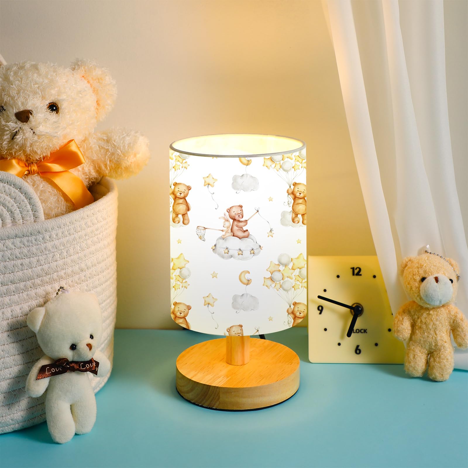 Vihose Kids Table Lamp For Bedroom Kids Bedside Lamp With Linen Wooden Nightstand Lamp Cartoon Nursery Lamp Lampshade For Girls