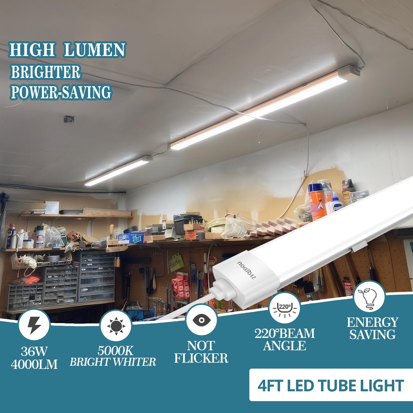 ZEQIDOU 4ft LED Shop Light, 36W Waterproof Utility Tube Lights, White, Model SL-CA120036-X-N-E, 2-Pack
