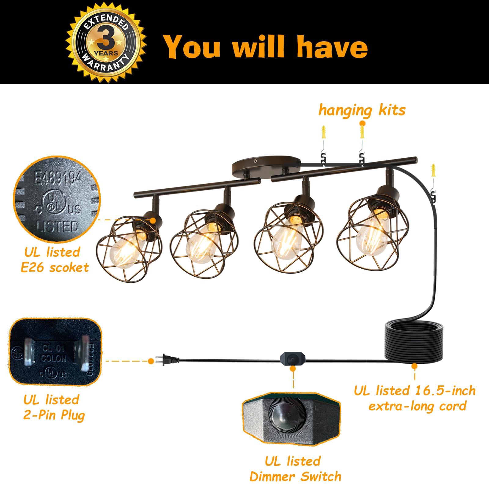Vivihobb Dimmable 4 Light Plug In Ceiling Light Black Plug In Track Lighting Kit With 16.5 Cord Flexibly Rotatable Light Head Modern Industrial Farmhouse Style(Bulbs Not Included)