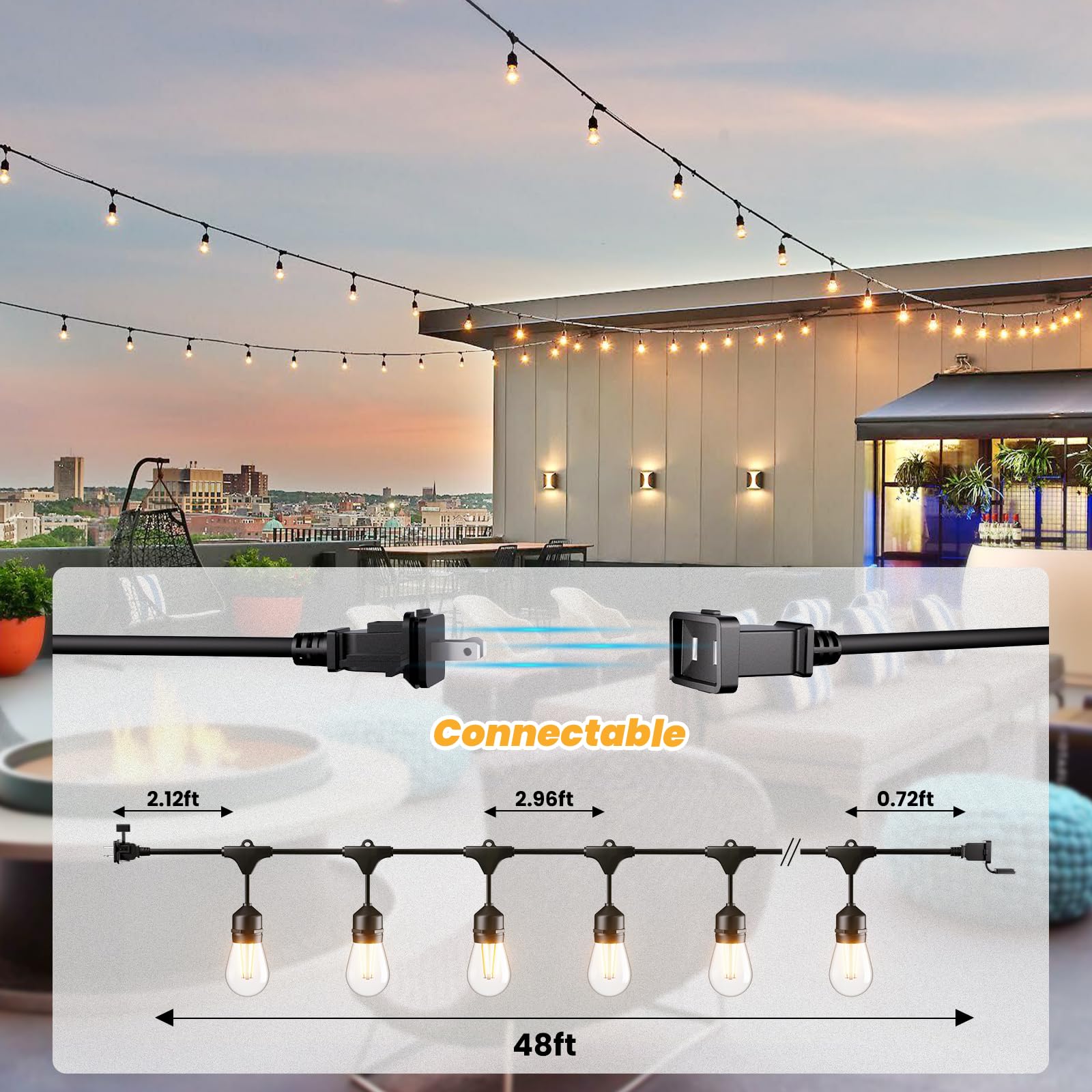 Svater Outdoor String Lights, 96FT, 32 Antique S14 LED Bulbs, IP65 Waterproof, Dimmable Warm White, Black, Model US048015-TS18B1-S