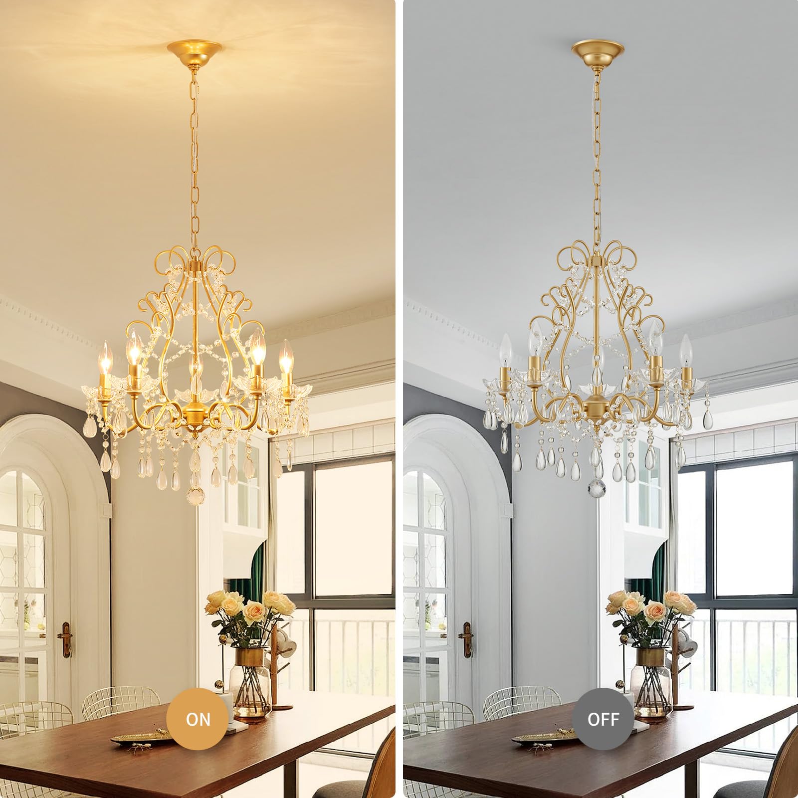 Wuzups 5-Light Crystal Candle Chandelier Pendant Ceiling Light Modern Lighting Fixture For Bedroom Hallway Bar Kitchen Bathroom  H 23.2 W 20.7  E12 Base  Gold