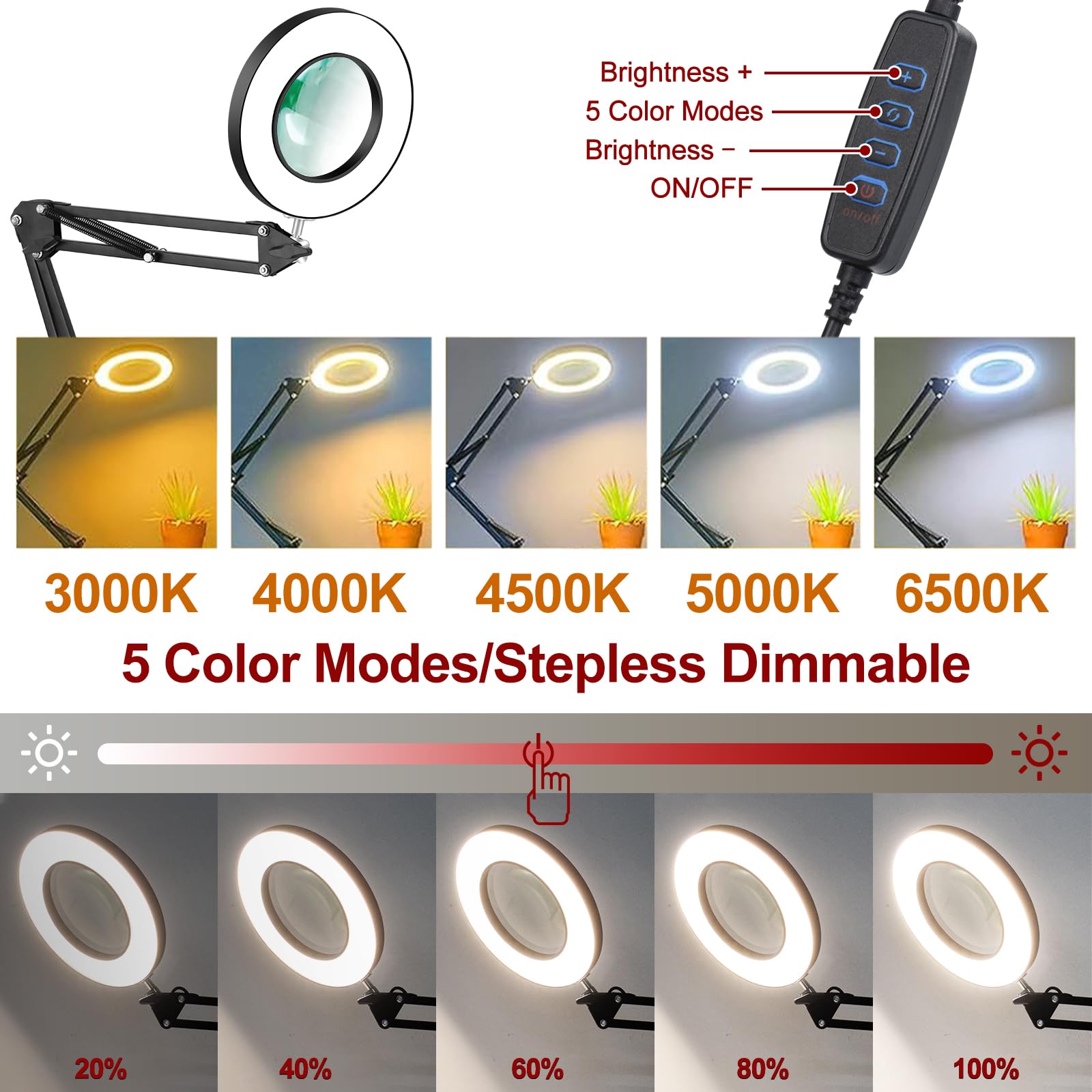 Vitotc 10X Magnifying Glass With Light And Stand, 2-In-1 Magnifier With Light, 5 Color Modes Led Desk Magnifying Glass, Hands Fr