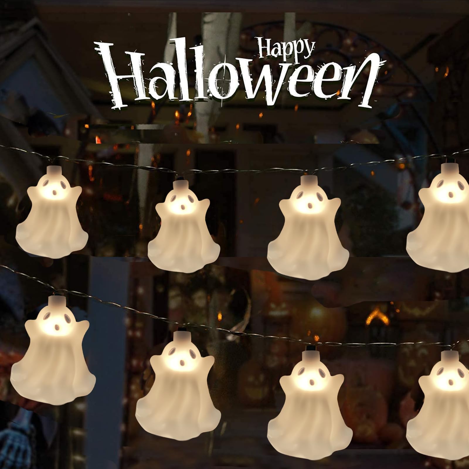 Pallerina 8.5Ft Halloween Ghost String Lights - 10 Waterproof White Ghosts For Indoor/Outdoor Decor
