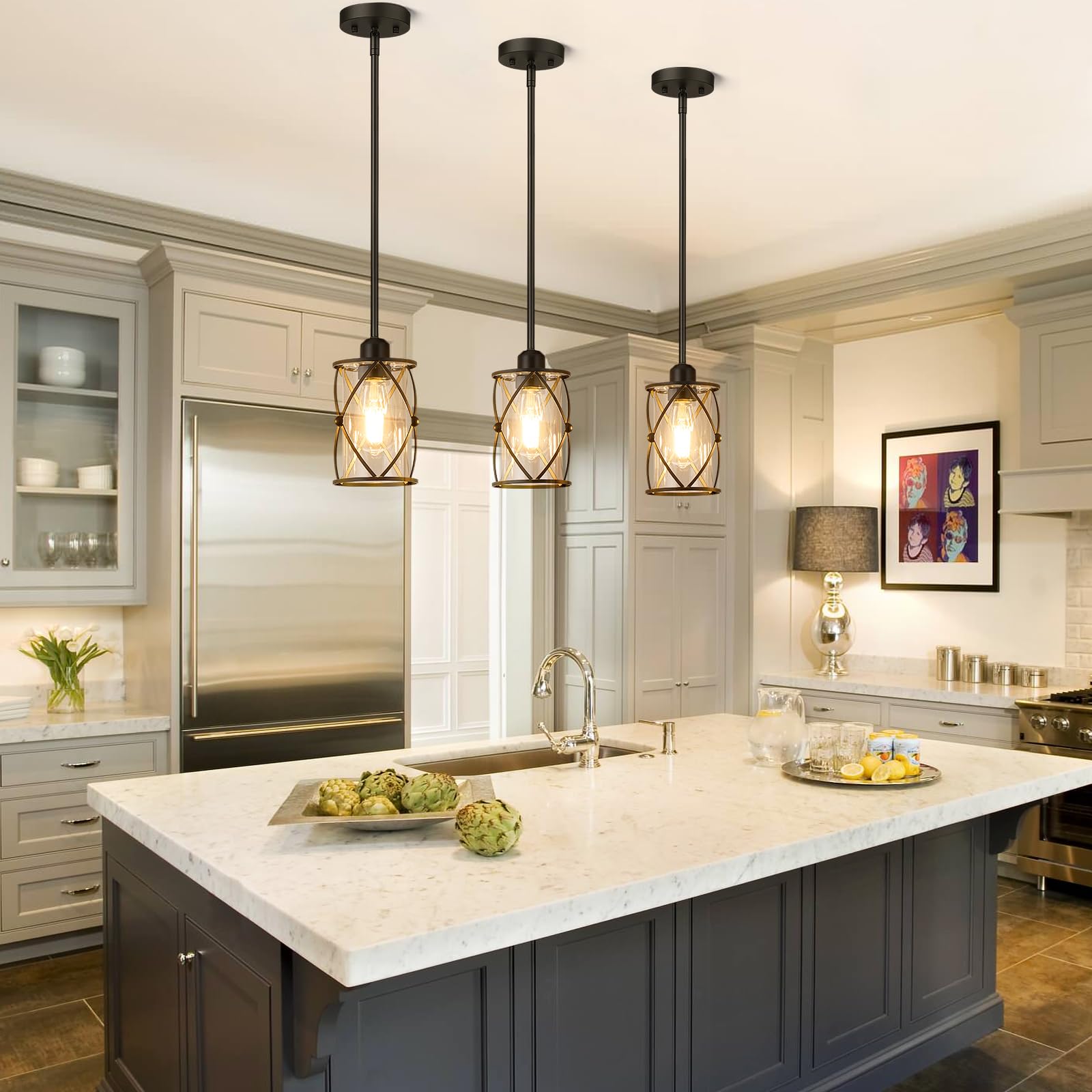 Osimir Black Glass Pendant Lights - 3 Pack Modern Mini Hanging Light for Kitchen Island, Dining Room, Model CH9176BK-3PK