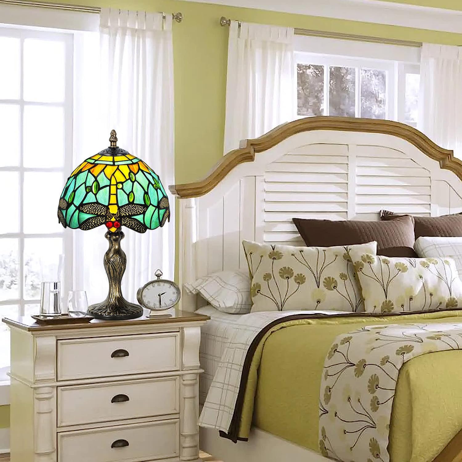 MIAOKE Stained Glass Table Lamp,Stained Glass Crystal Bead Style Table Light,Handmade Desk Bedside Night Light,Antique Art Craft