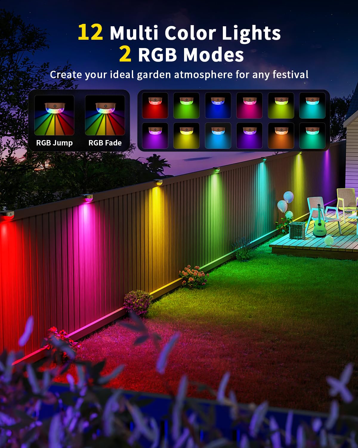 Solar Fence Lights With Remote Control 50Ft,15 Multi Colors Solar Powered Outdoor Step Lighting,Ip67 Waterproof Led Rgbyw Colors