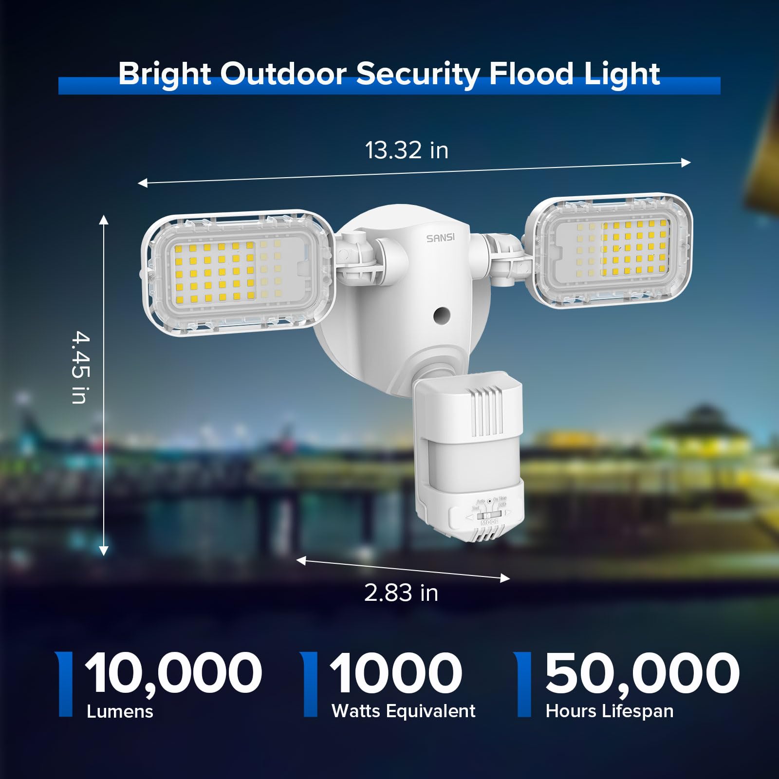 SANSI LED Outdoor Flood Light 90W 10,000LM IP65 5000K Dusk to Dawn Security Light, White, Model C2440-MW-90W