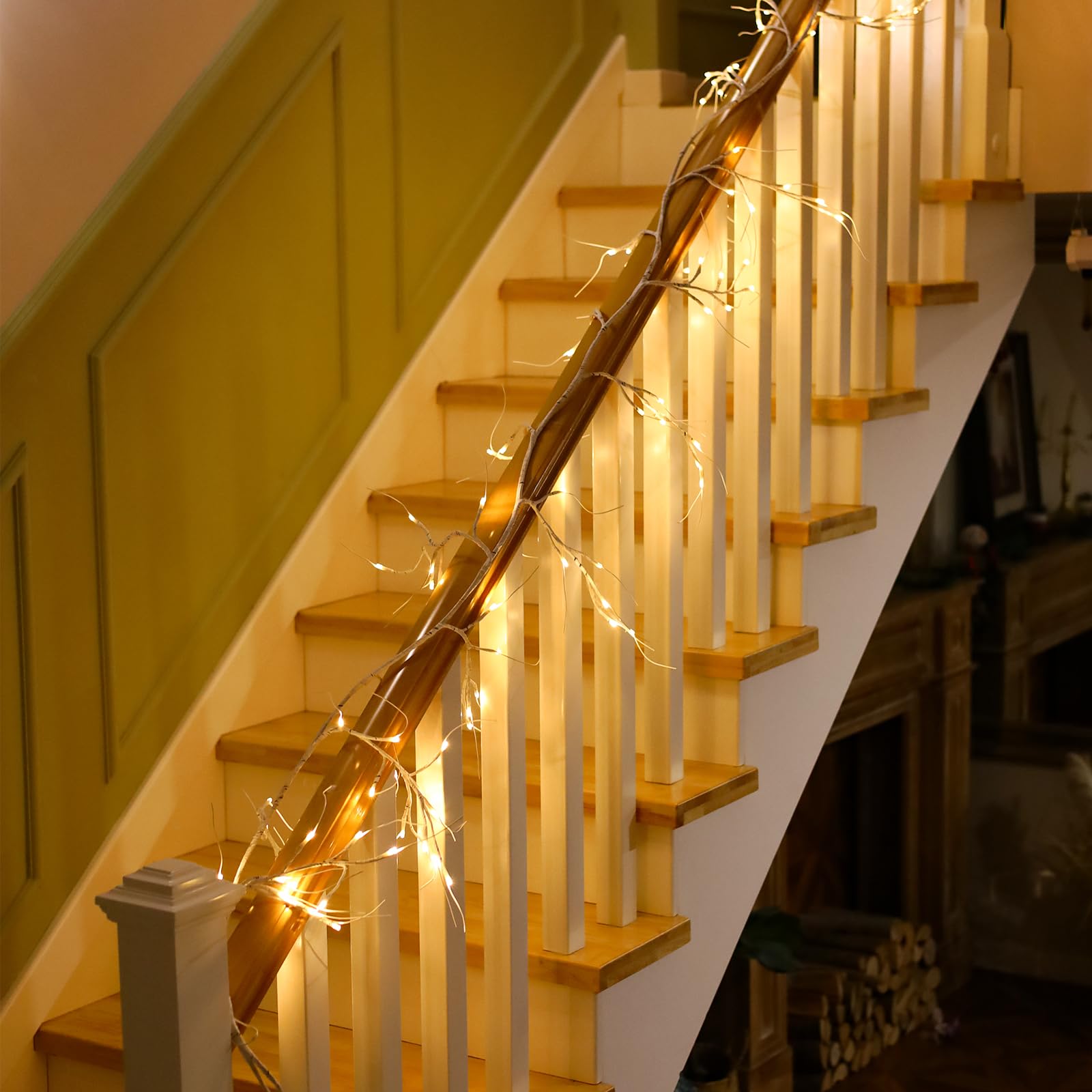 Rivokeer Lighted Birch Garland With Timer 120 Led, 9Ft Birch Garland With Lights Remote Control, Pre-Lit Twig Vine Lights Plug In For Christmas Fireplace Home Wall Decoration Indoor Outdoor