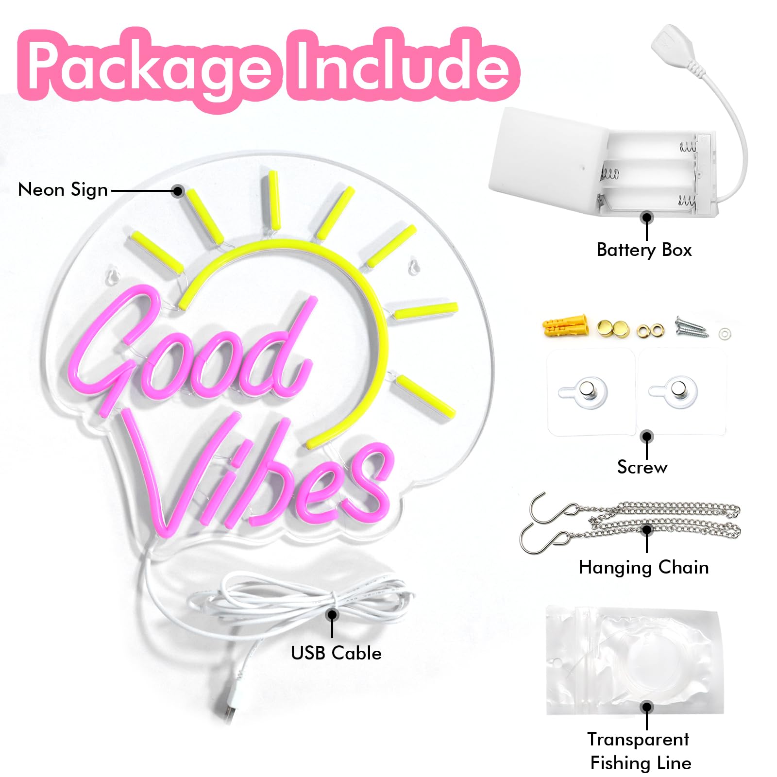 Shellvcase Good Vibes Neon Sign, Acrylic, USB/Battery Powered, 12.8 x 11.8 inches, Good Vibe Color