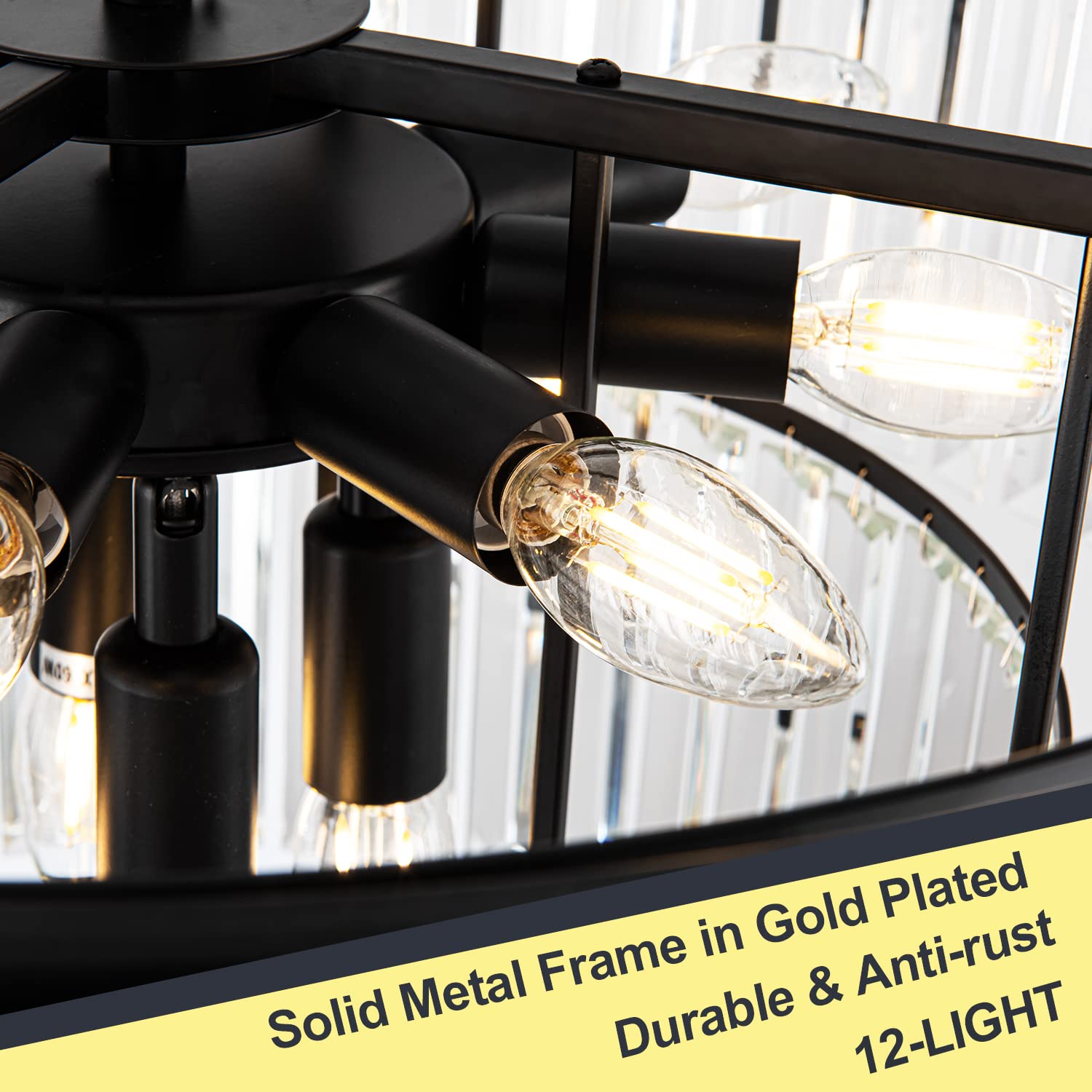 Brfaixla 12 Lights 23.64 Black Modern Crystal Chandelier Crystal Pendant Ceiling Light Fixture 3-Tier Hanging Lighting For Dinning Room Bedroom Living Room Foyer