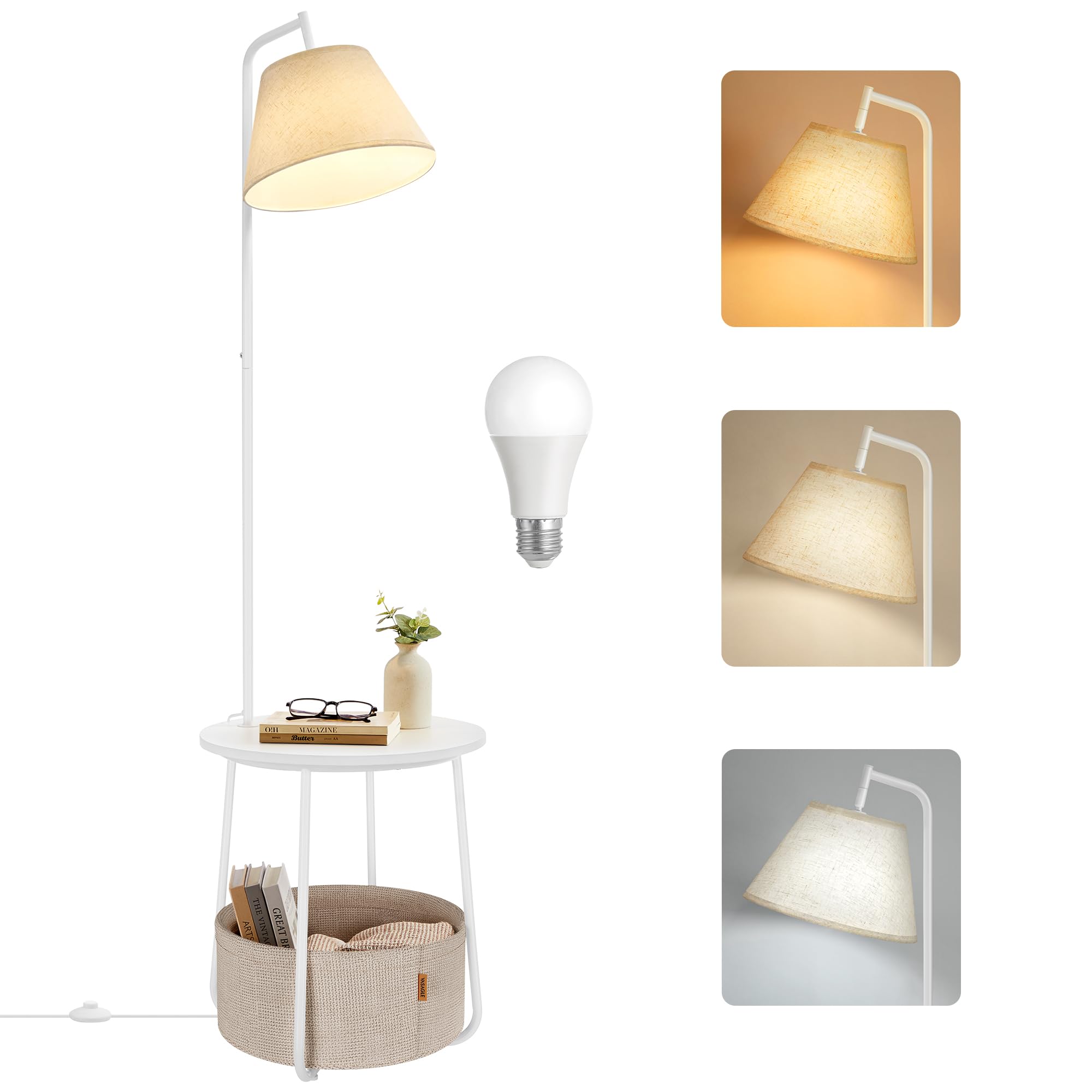 VASAGLE End Table with Lamp, 3-in-1 Floor Lamp with Table and Fabric Basket for Living Room, Tunable LED Bulb Included, Angle-Ad