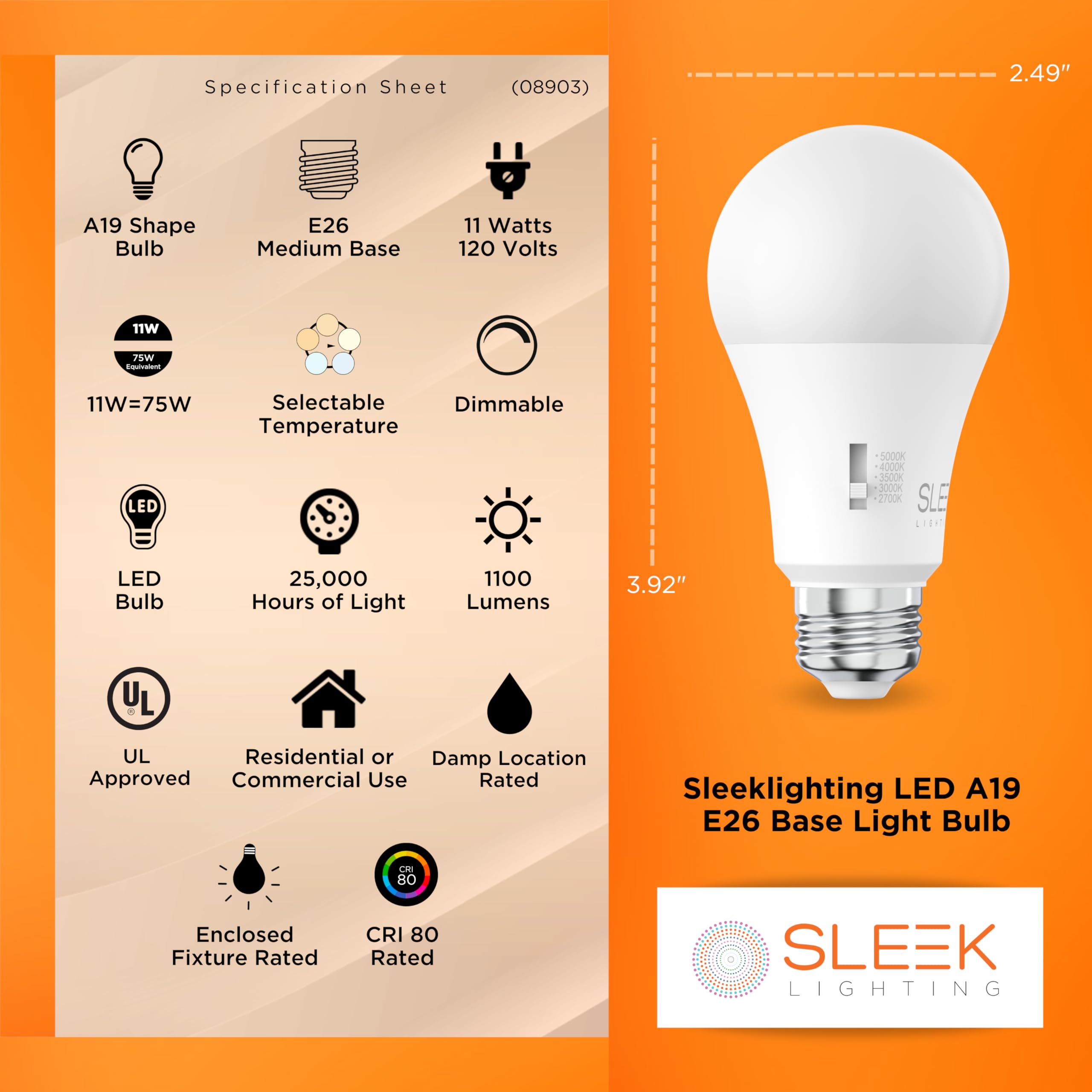 Sleeklighting A19 Light Bulbs 75 Watt Equivalent 11 Watt Led Bulb, 1100 Lumens, Dimmable, 5 Cct (2700K/3000K/3500K/4000K/5000K)