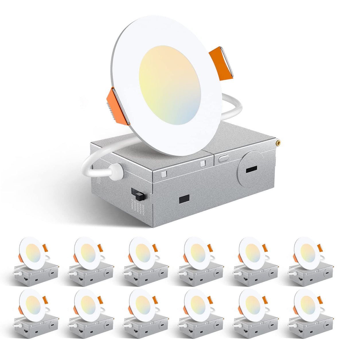 Amico 12 Pack 3 Inch 5Cct Ultra-Thin Led Recessed Ceiling Light With Junction Box, 2700K/3000K/3500K/4000K/5000K Selectable, 7W