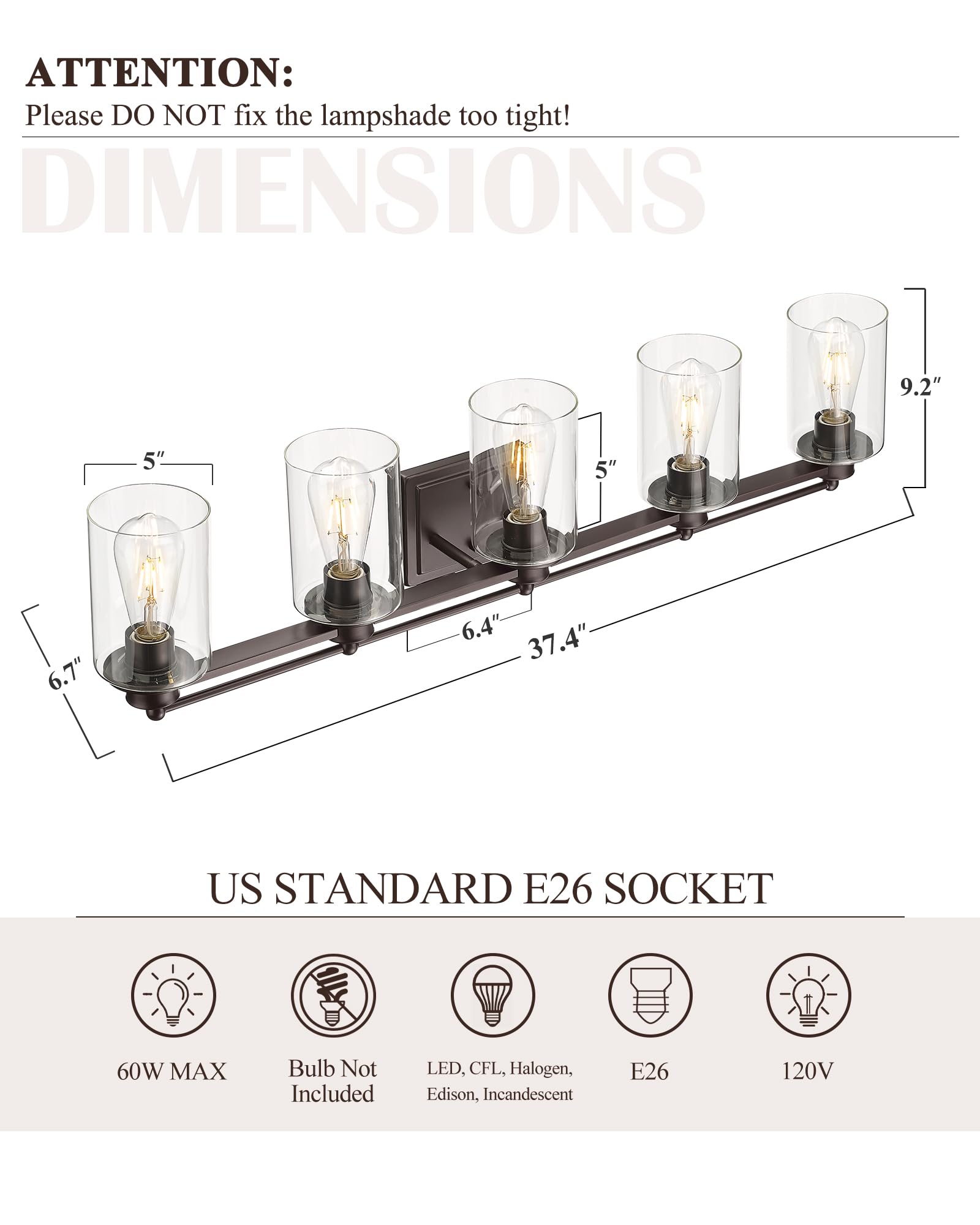 Hwh 5-Light Bathroom Vanity Light Fixtures - Oil-Rubbed Bronze Farmhouse Wall Lighting 37"