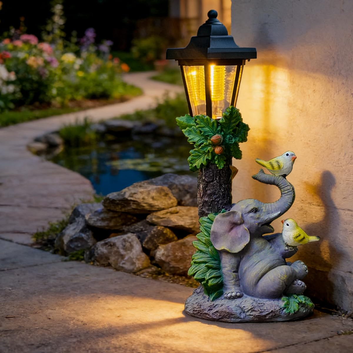 ZYLiWoo Solar Elephant Garden Statue, Outside Elephant Statue with Lantern Perfect for Balconies, backyards, or lawns-A Unique B