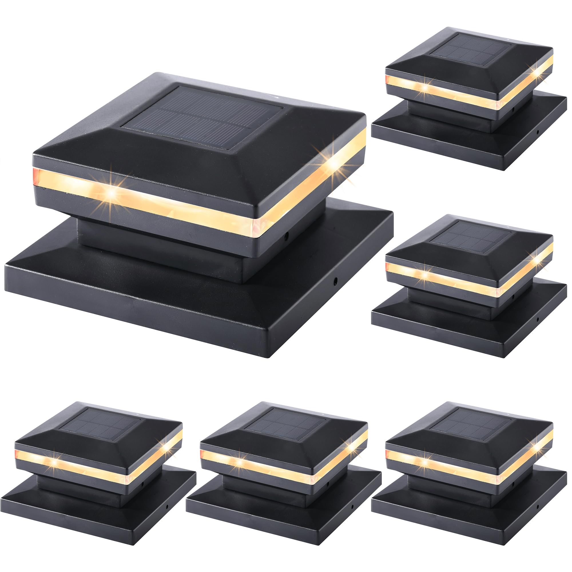 Dynaming 6 Pack Solar Post Lights, Outdoor Decorative Post Cap Light, Solar Powered Black Shell Caps, BrightnePatio, FWhite LED 