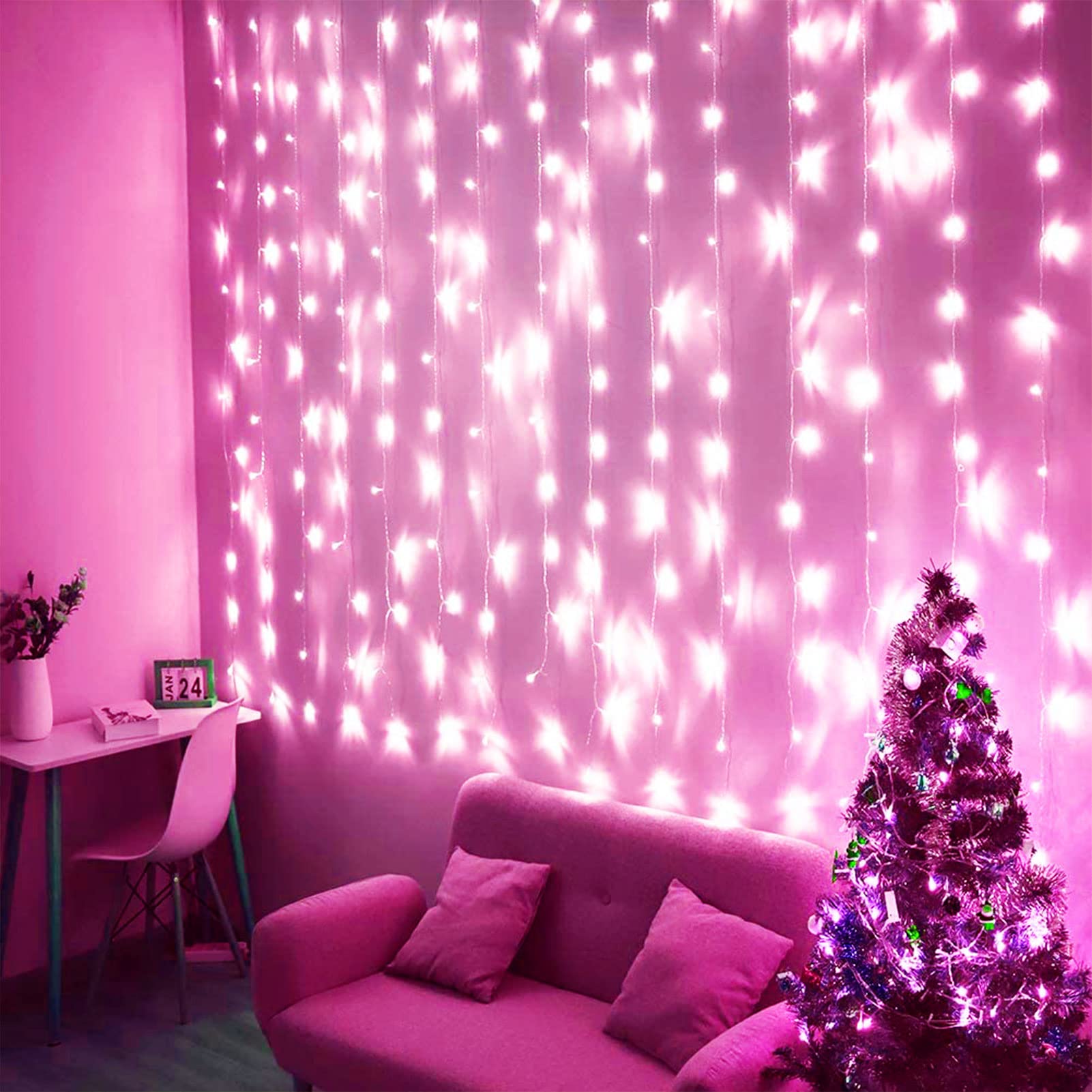 Kproe Pink Curtain Lights - 8 Modes Led Fairy String Lights For Windows, Ideal For Christmas, Valentine'S Day, Weddings, Party Room Decor