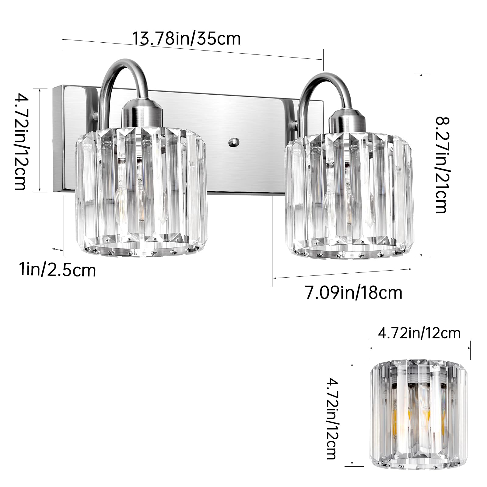 Valytime Bathroom Vanity Light, 2-Light, Brushed Nickel, Dimmable, E26 Socket, 13.78x7.09x8.28 inches, Model 790832