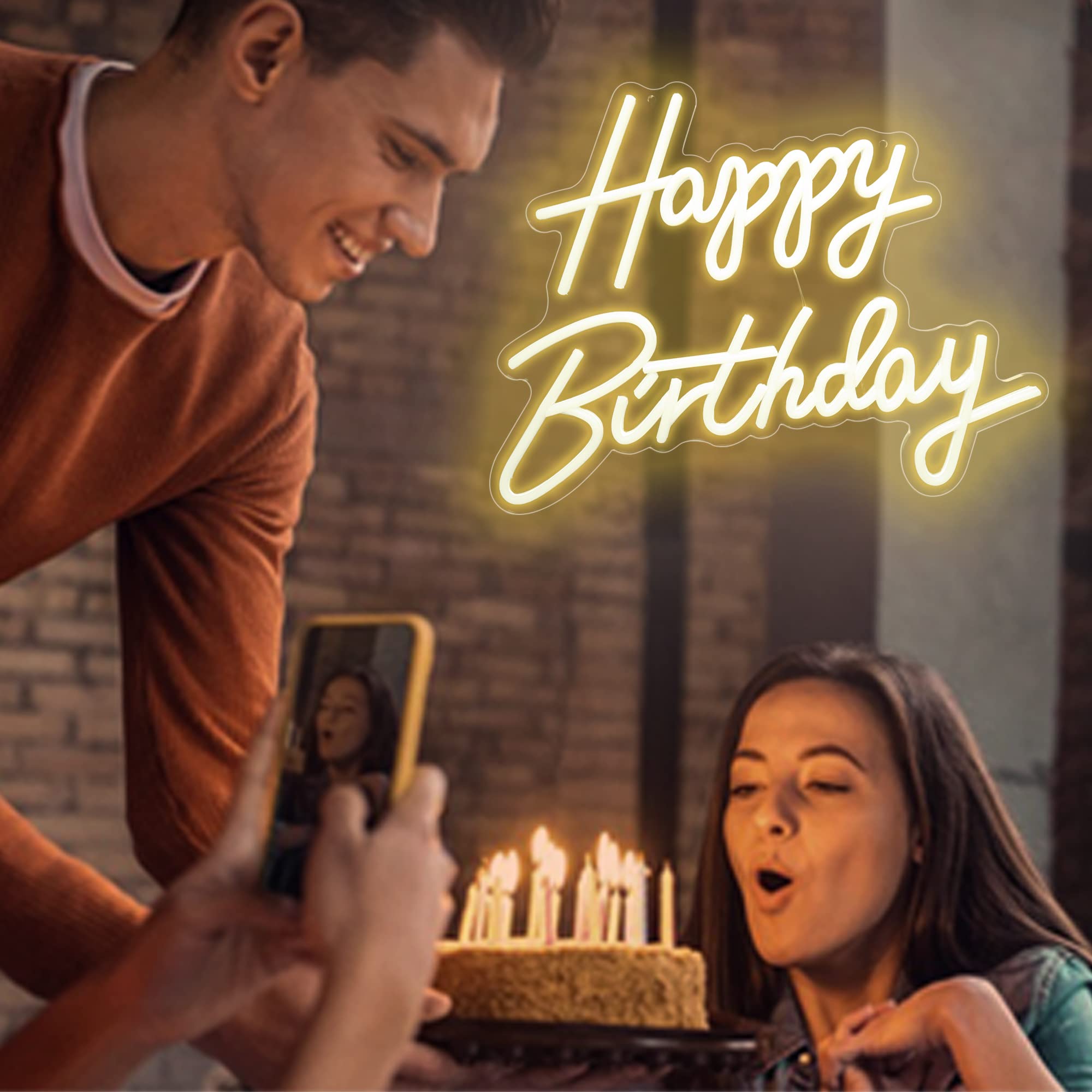 Aslanka LED Neon Sign - Happy Birthday Decor - 15.7 x 7.8 inch - Warm White Acrylic - USB Powered