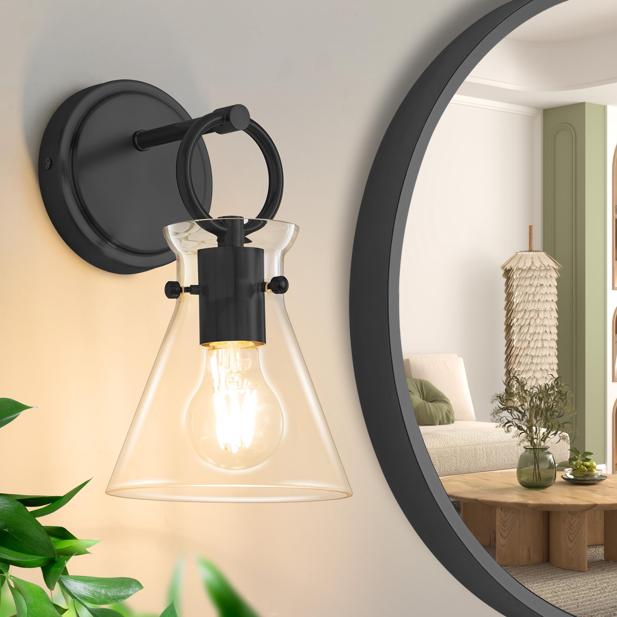 Gednbo Wall Sconce For Bathroom Modern Vanity Light Fixtures Hardwired Wall Mount Lighting Lamp Farmhouse Wall Lights With 6 Clear Glass Shade For Bedroom Living Room Mirror Kitchen (Black  1 Pack)