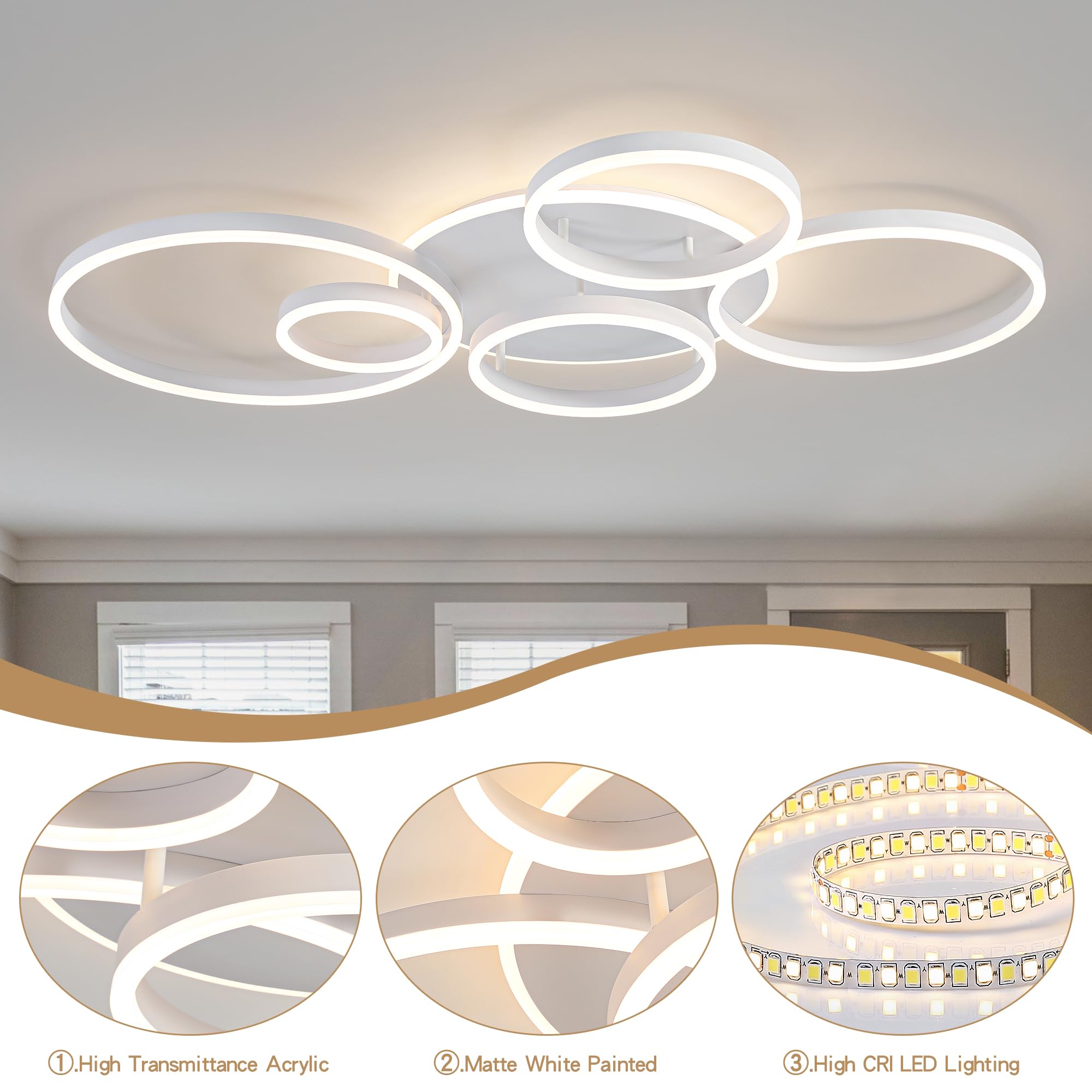 ONeeldy Modern Led Ceiling Light White Flush Mount Ceiling Lights Fixtures Dimmable 47 Dining Room Light Fixture With Remote 6 Rings Kitchen Lighting Fixtures Ceiling Lamp For Bedroom Living Room