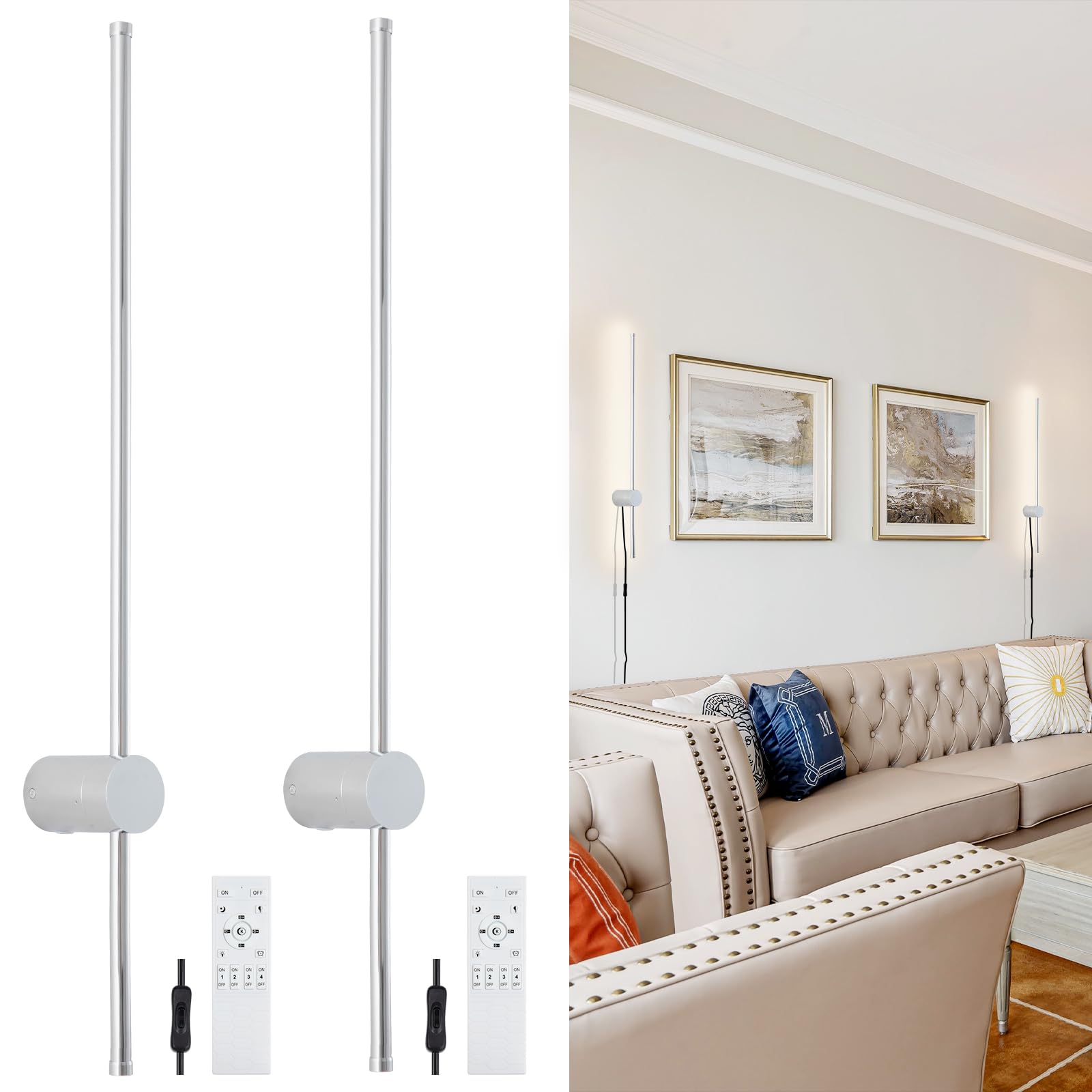 Keluoly Modern Chrome Plug In Wall Sconce With Remote, Dimmable 31.5" Led Wall Sconces Set Of Two With Memory Function, Adjustable Color Temperature Brightness, Timer, 350° Rotate, Hardwire Or Plug-In
